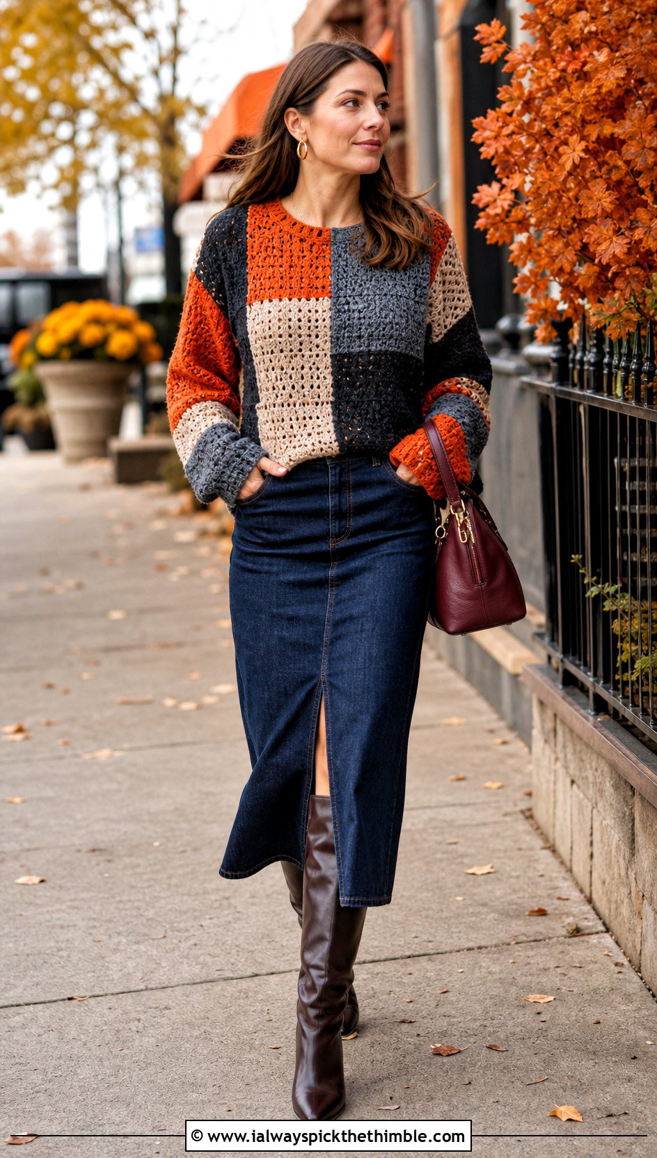 Orange And Gray Patchwork Crochet Sweater With A Denim Midi Skirt - 15 Orange And Gray Crochet Sweater outfit ideas