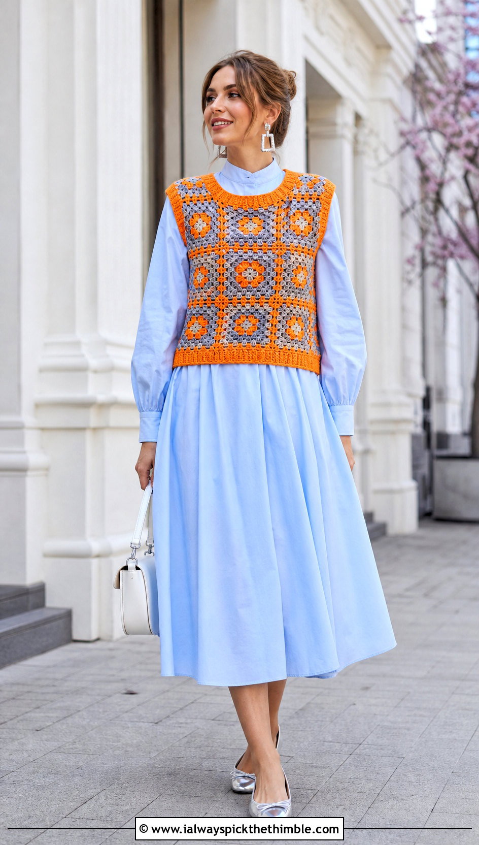 Orange And Gray Sleeveless Crochet Sweater With A Poplin Dress - 15 Orange And Gray Crochet Sweater outfit ideas