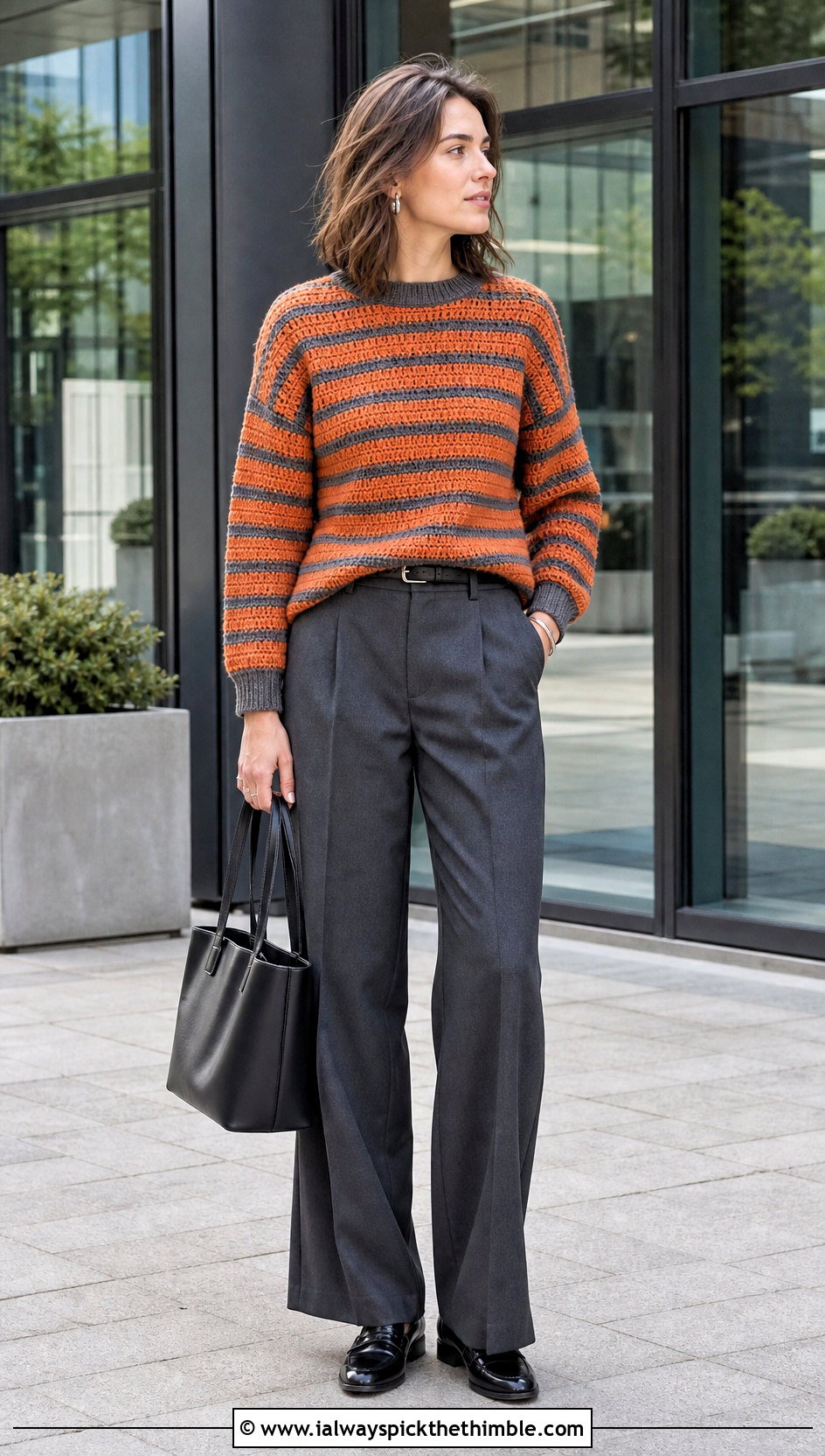 Orange And Gray Striped Crochet Crewneck Sweater With Tailored Trousers - 15 Orange And Gray Crochet Sweater outfit ideas