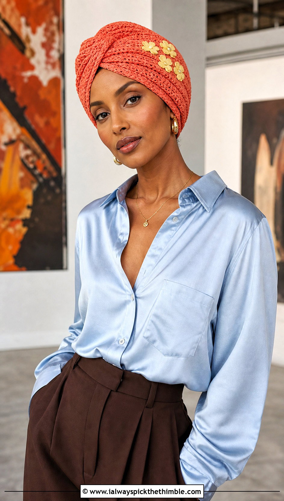 Orange Blossom Crochet Turban With Satin Shirt - 25 orange blossom crochet hat outfit ideas