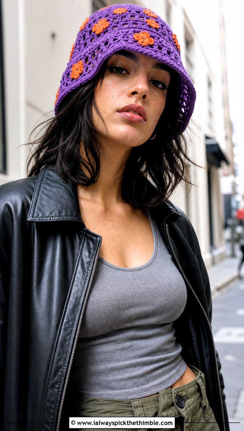 Orange Blossom Mesh Bucket Hat With Leather Jacket - 25 orange blossom crochet hat outfit ideas