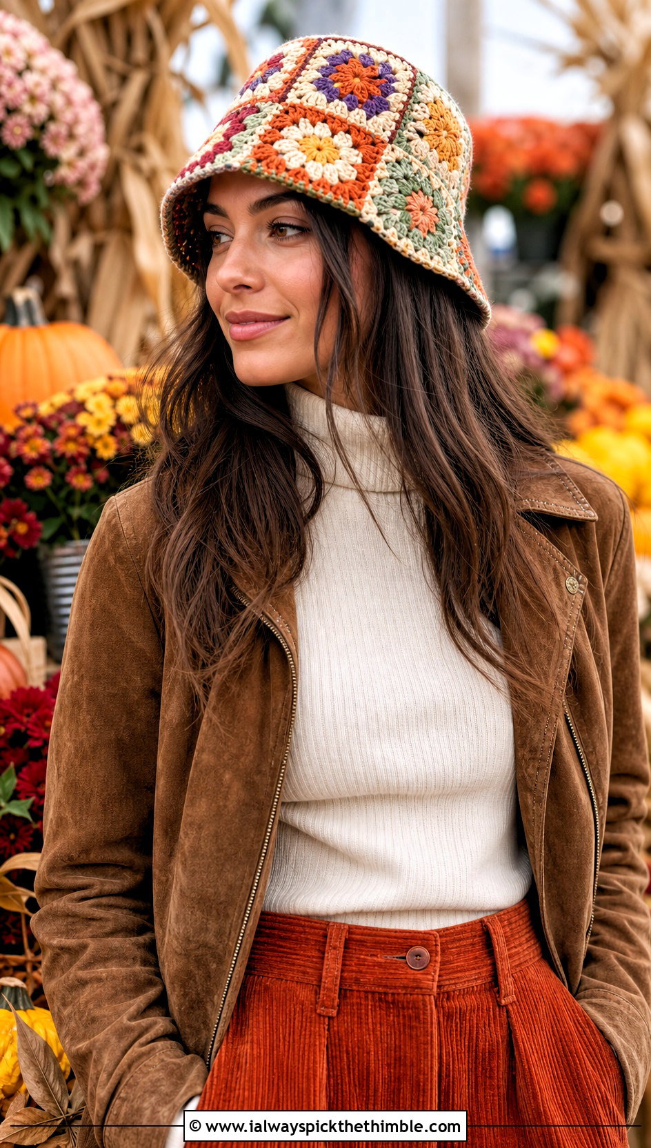 Orange Blossom Patchwork Hat With Suede Jacket - 25 orange blossom crochet hat outfit ideas