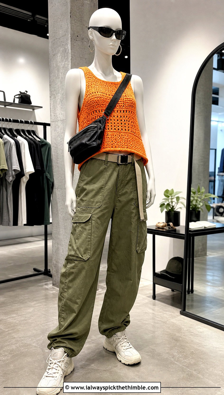 Orange Boxy Crochet Tank With Cargo Pants - 15 orange crochet top on mannequin outfit ideas