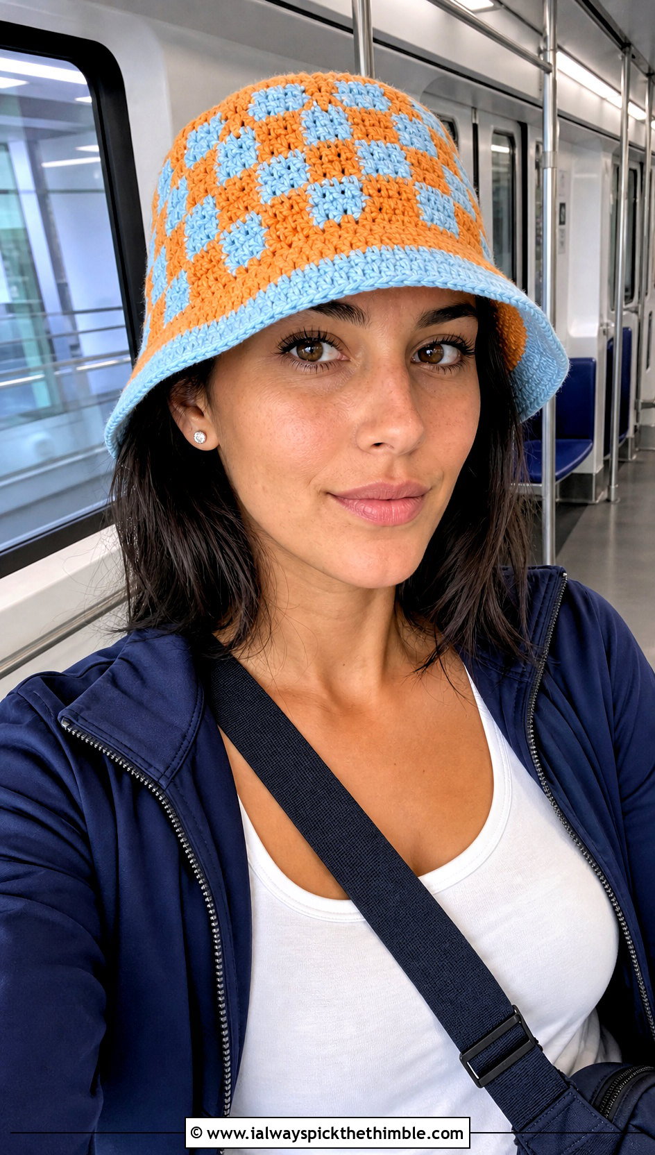 Orange Checkered Crochet Bucket Hat With Tracksuit - 15 orange crochet bucket hat outfit ideas