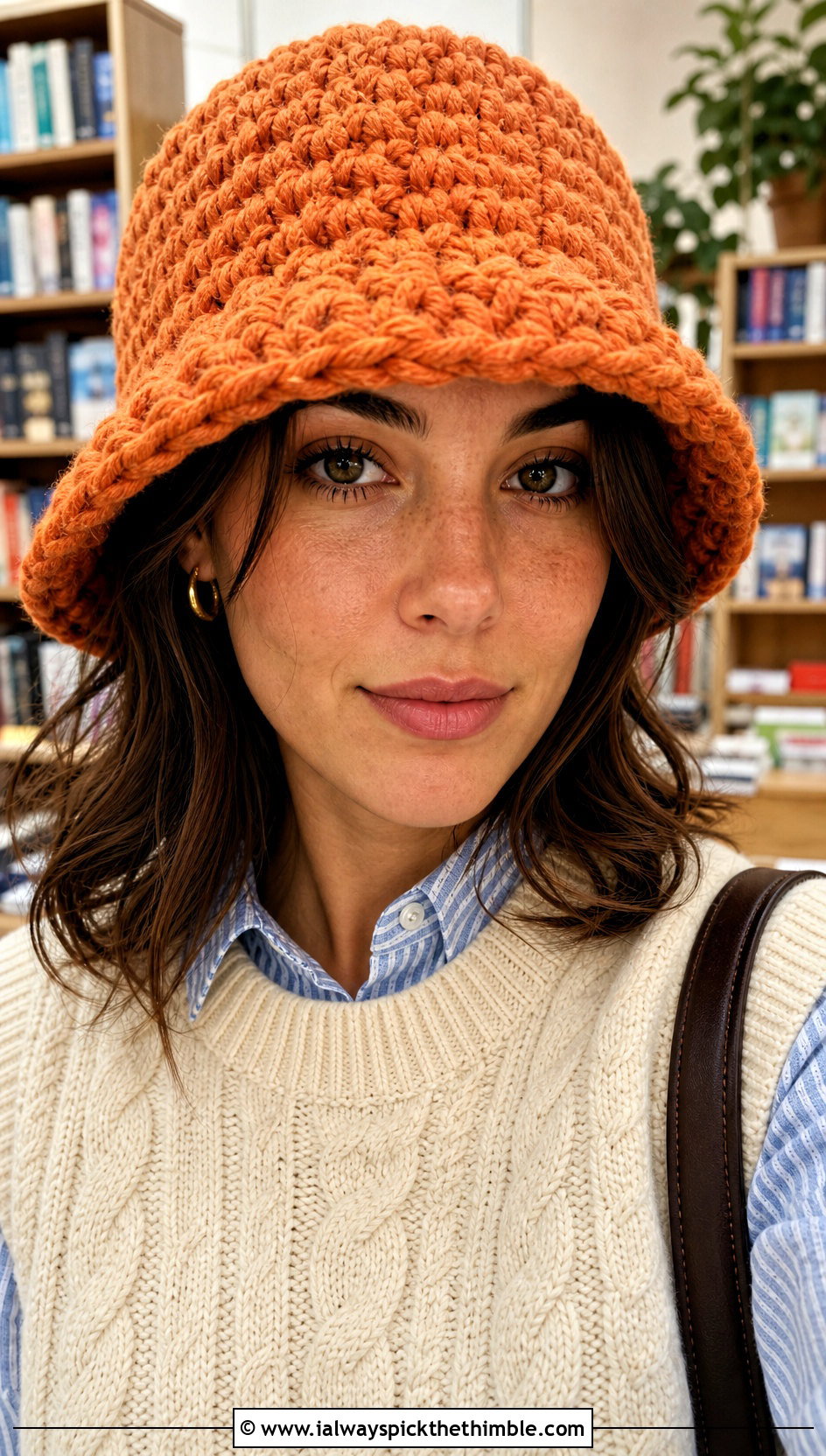 Orange Chunky Crochet Bucket Hat With Sweater Vest - 15 orange crochet bucket hat outfit ideas