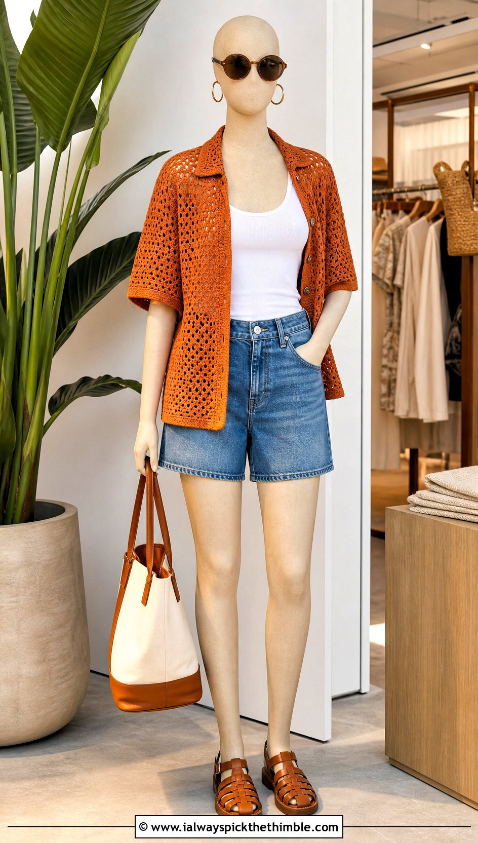 Orange Collared Crochet Shirt With Denim Shorts - 15 orange crochet top on mannequin outfit ideas
