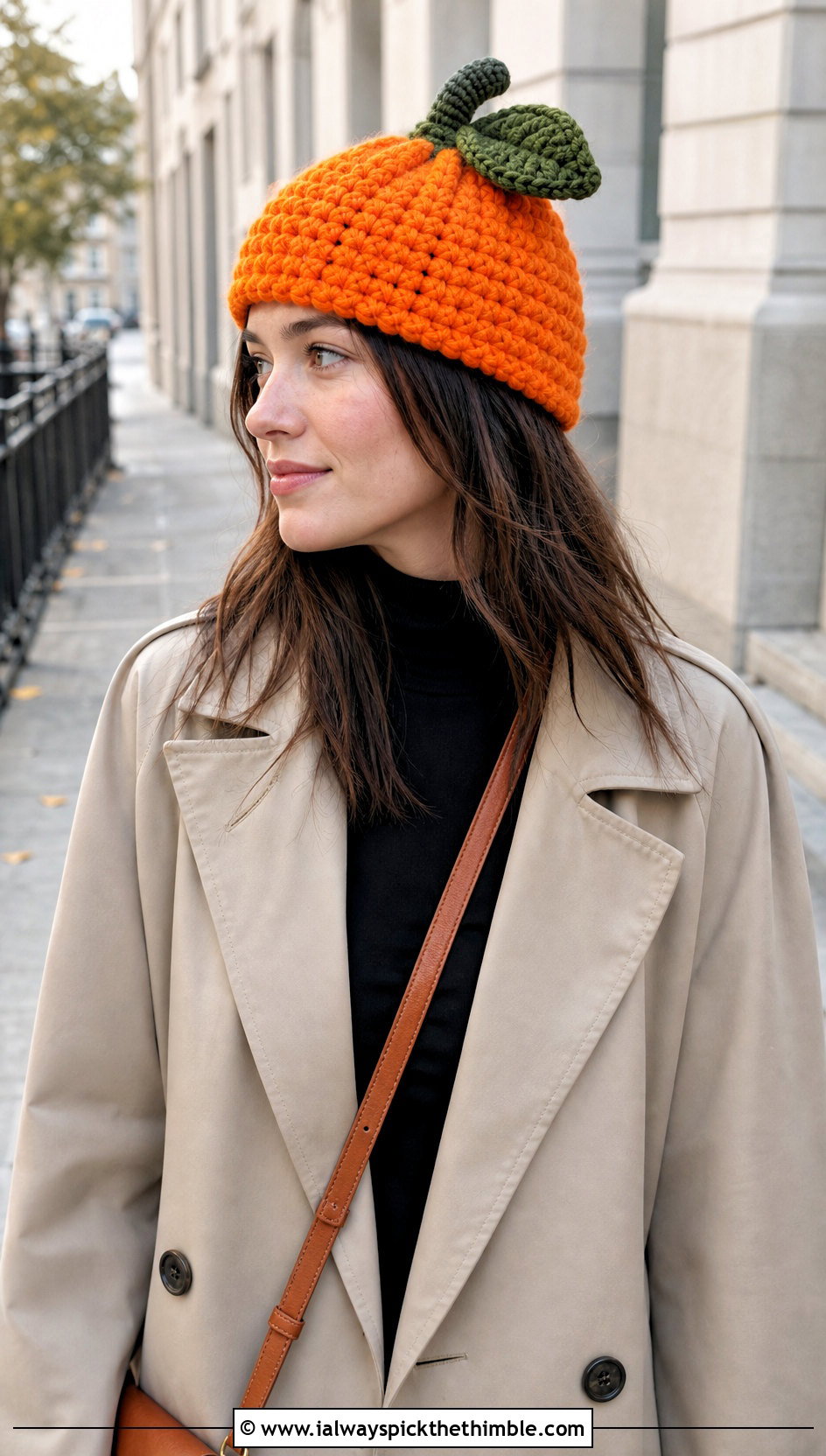 Orange Crochet Beanie With Trench Coat - 20 crochet fruit beanie outfit ideas