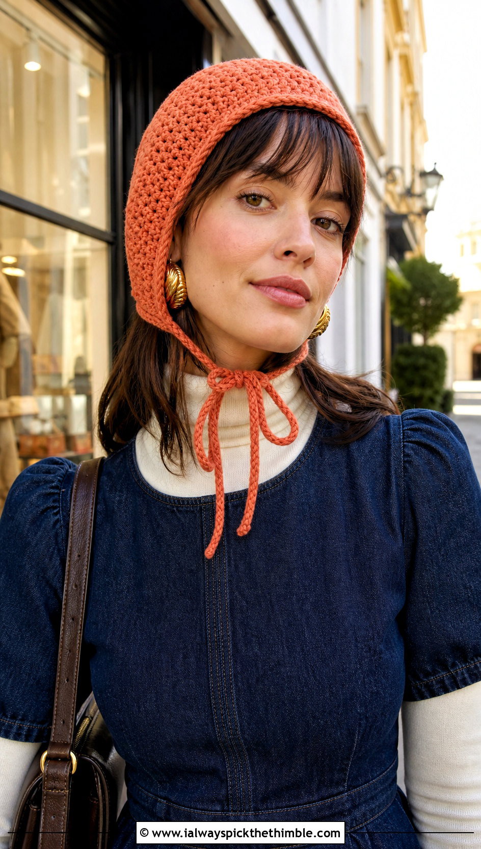 Orange Crochet Bonnet With Denim Dress And Boots - 15 orange crochet hat outfit ideas
