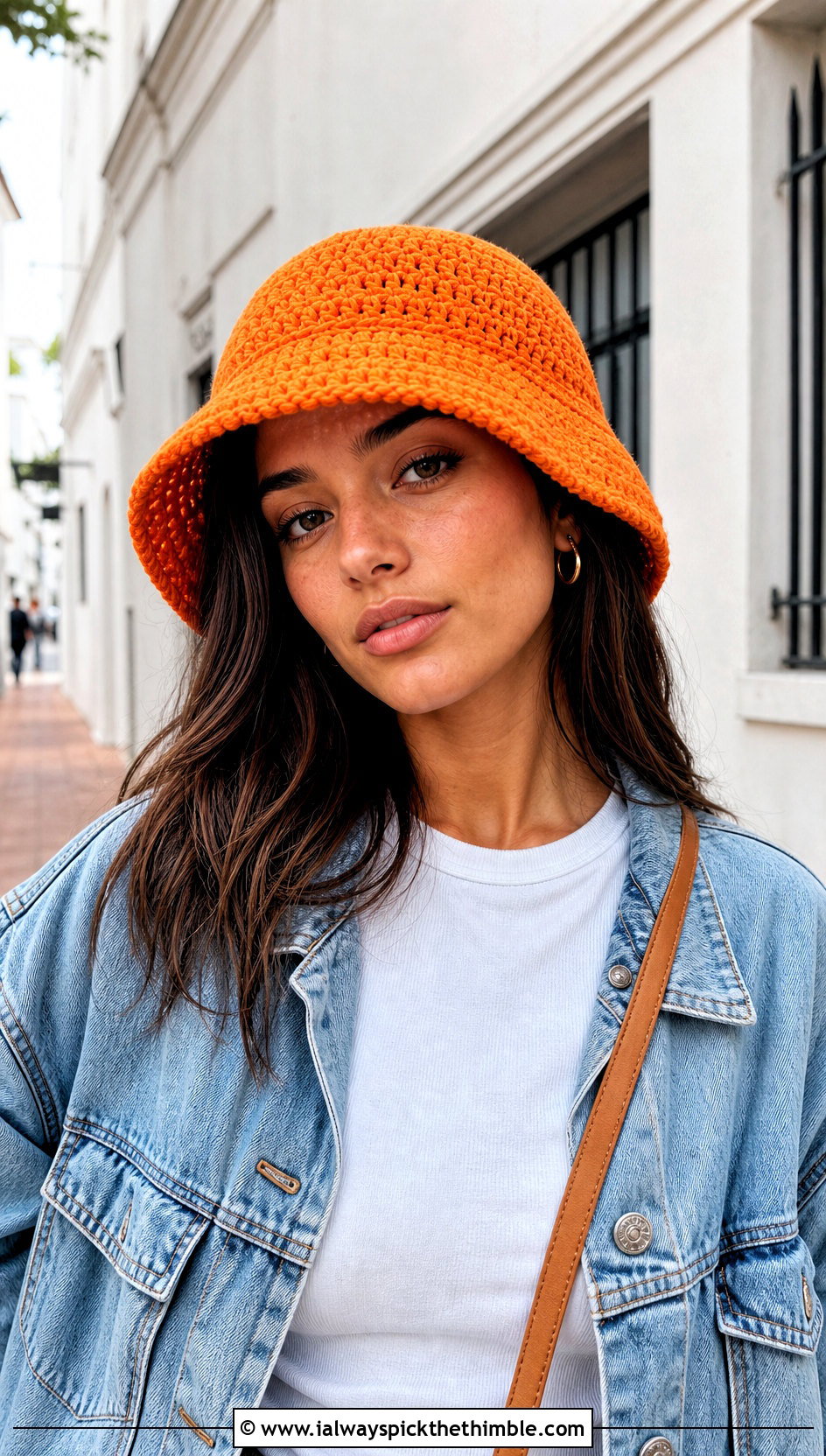 Orange Crochet Bucket Hat With White Tee And Jeans - 15 orange crochet hat outfit ideas