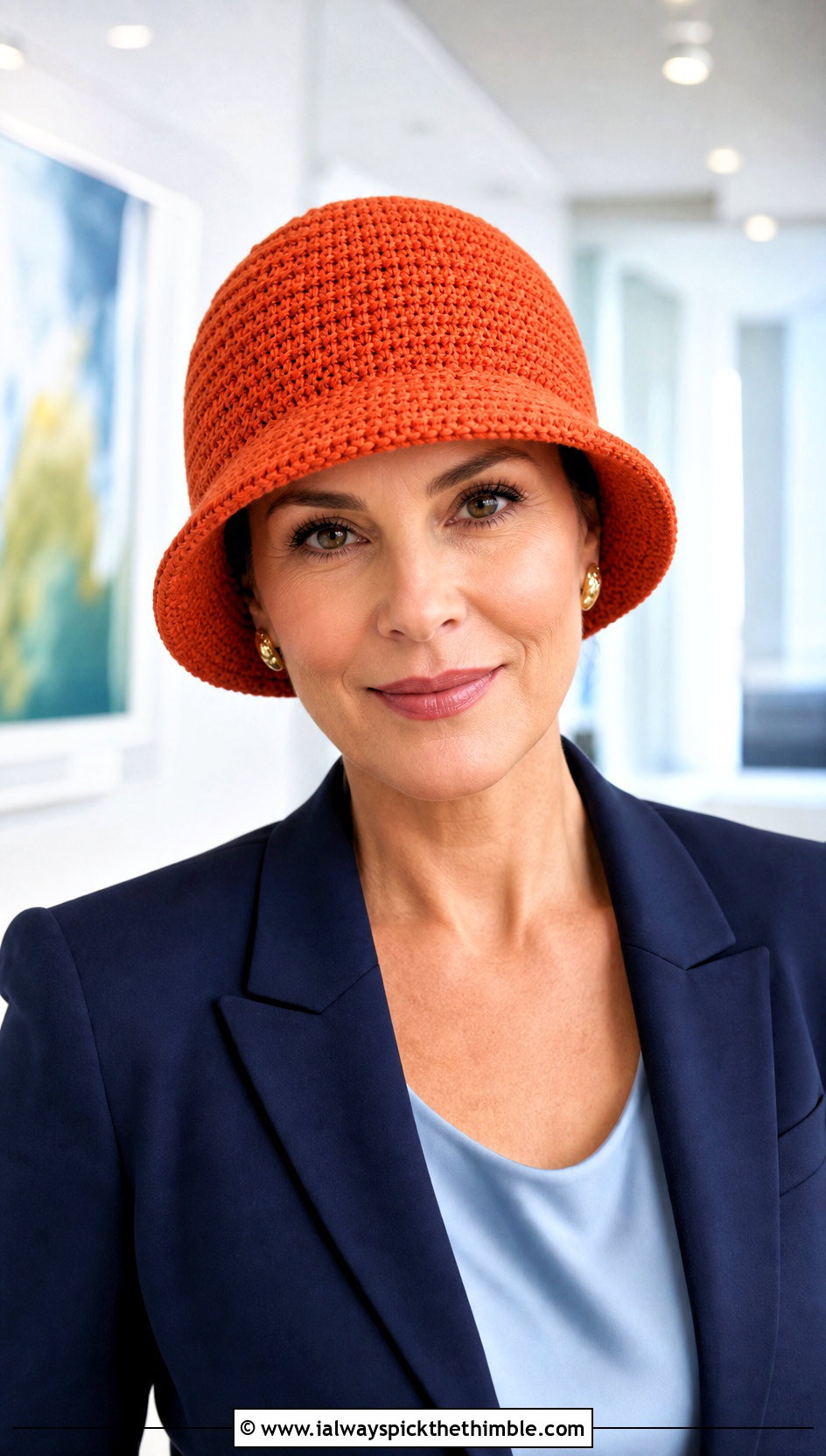 Orange Crochet Cloche Hat With Blazer And Trousers - 15 orange crochet hat outfit ideas