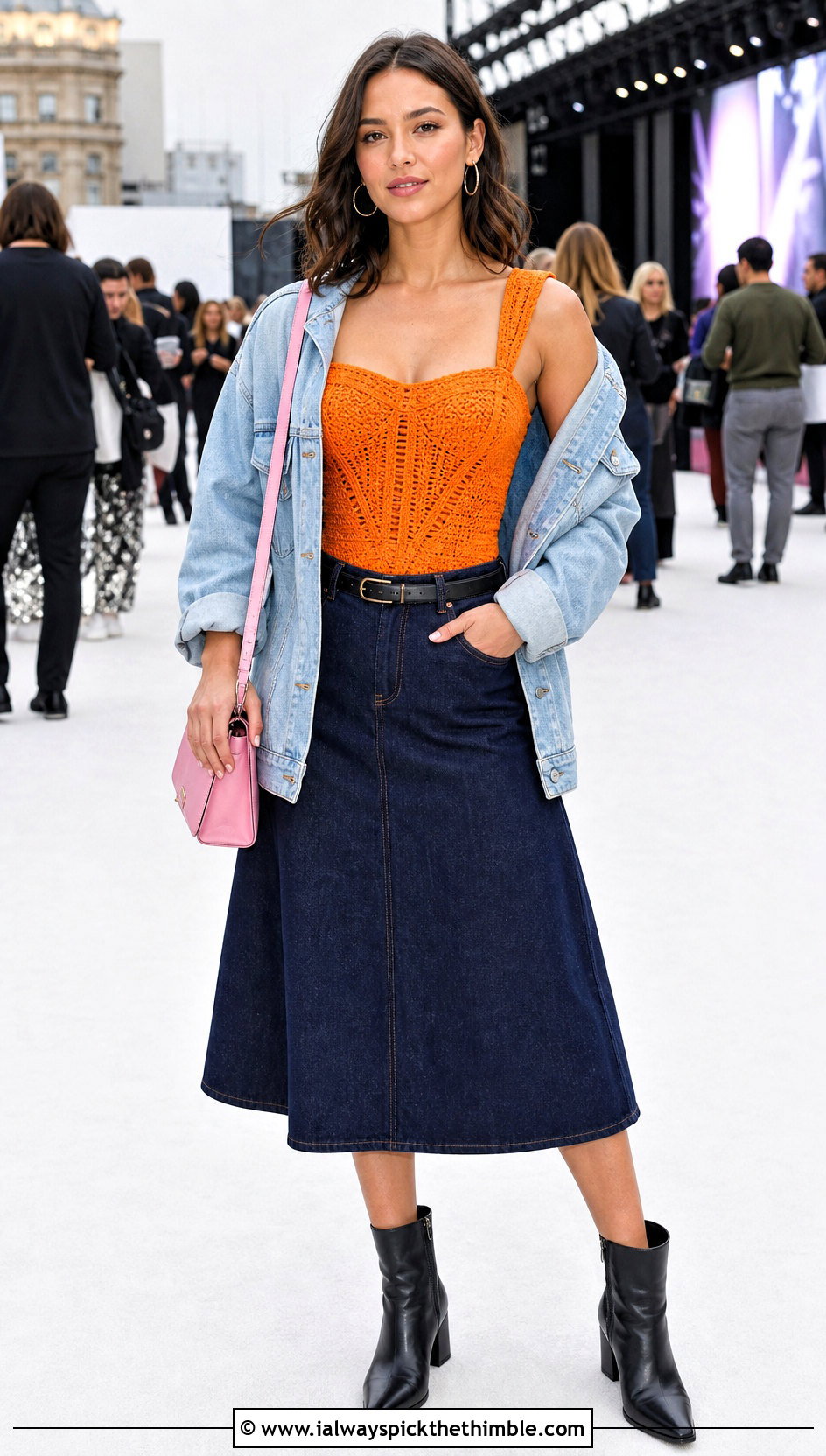 Orange Crochet Corset Top With Denim Jacket And Midi Skirt - 25 crochet orange top outfit ideas