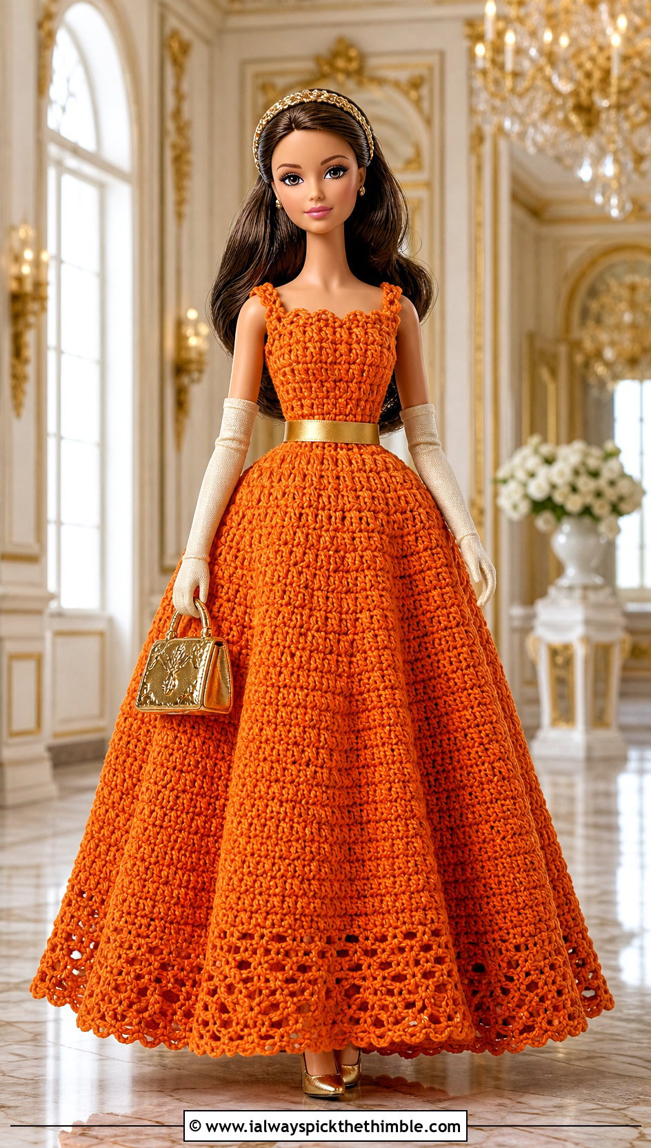 Orange Crochet Doll Ball Gown With Metallic Accessories - 15 orange crochet doll clothes and outfit ideas