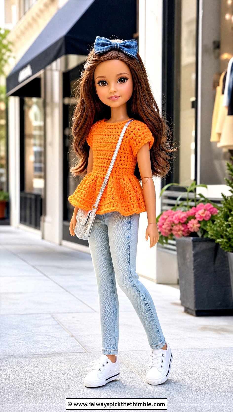 Orange Crochet Doll Peplum Top With Denim Jeans - 15 orange crochet doll clothes and outfit ideas
