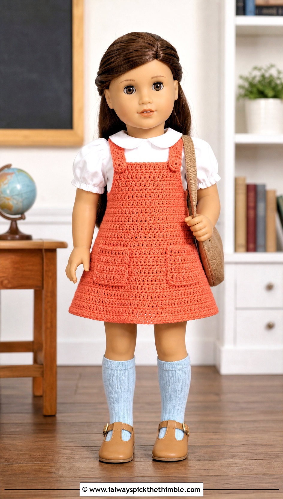 Orange Crochet Doll Pinafore Dress With Peter Pan Blouse - 15 orange crochet doll clothes and outfit ideas