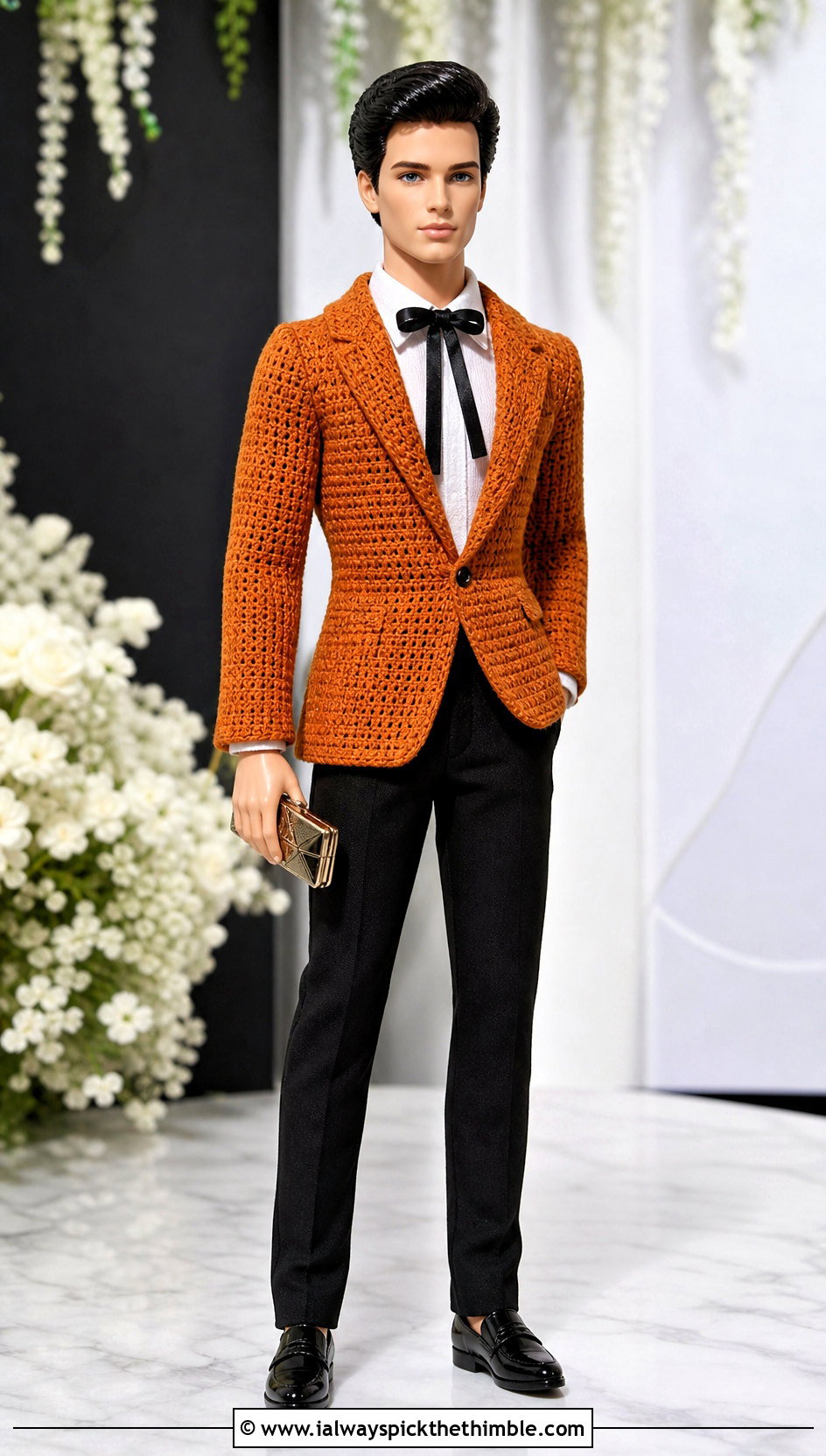 Orange Crochet Doll Tuxedo Jacket With Black Trousers - 15 orange crochet doll clothes and outfit ideas