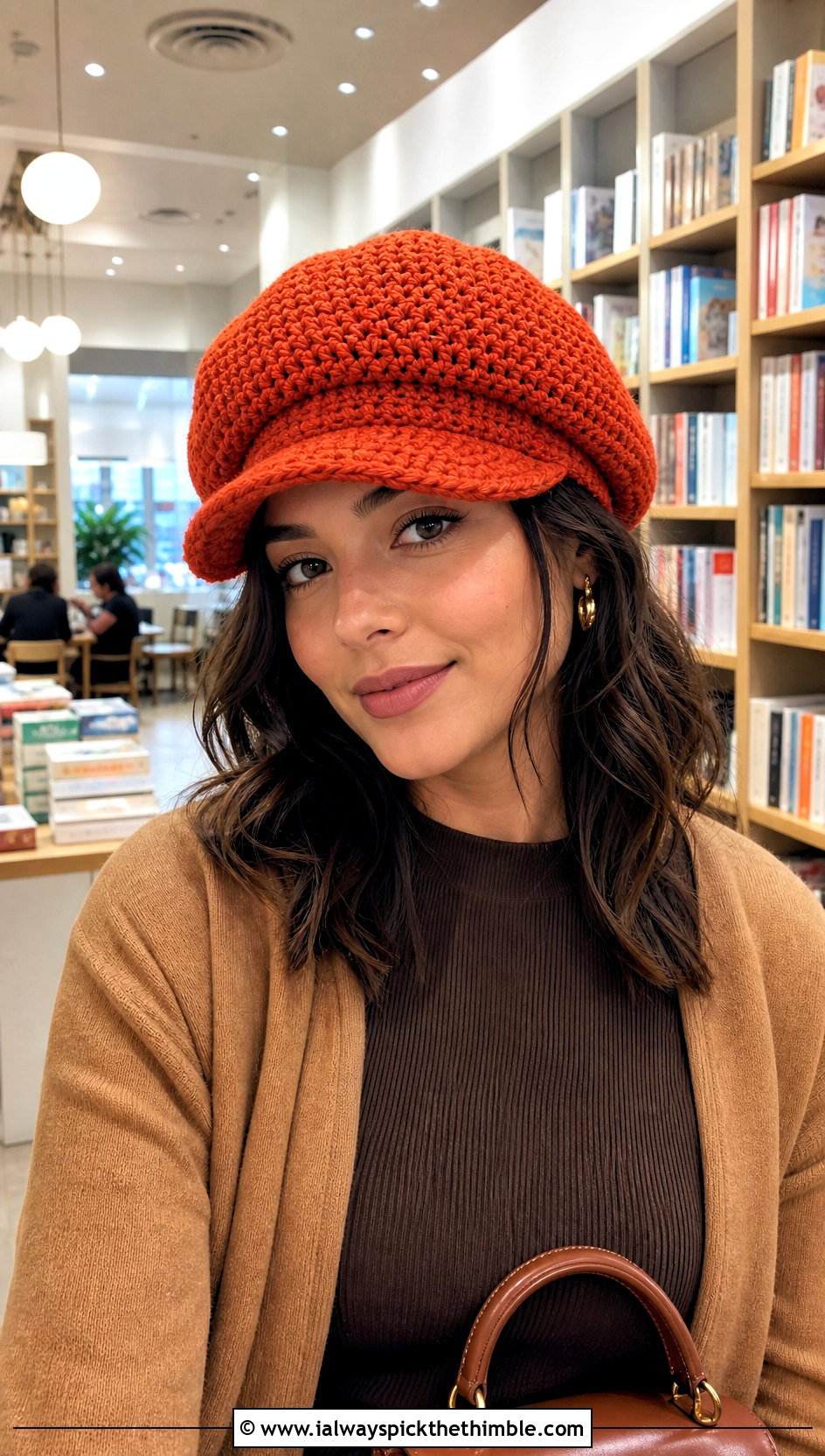 Orange Crochet Newsboy Cap With Denim Skirt - 15 orange crochet hat outfit ideas