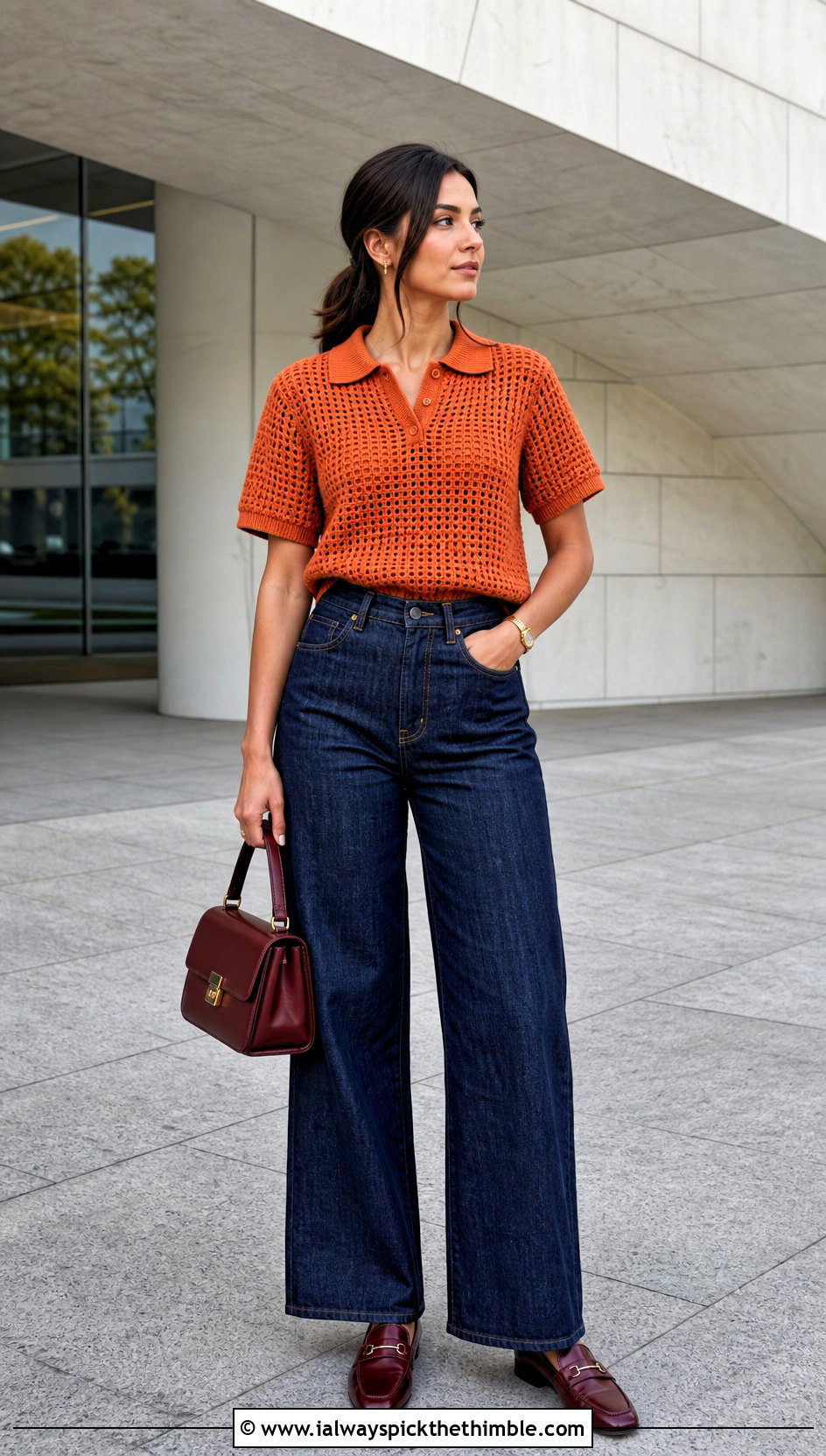 Orange Crochet Polo Top With Dark Denim - 15 orange crochet top on hanger outfit ideas