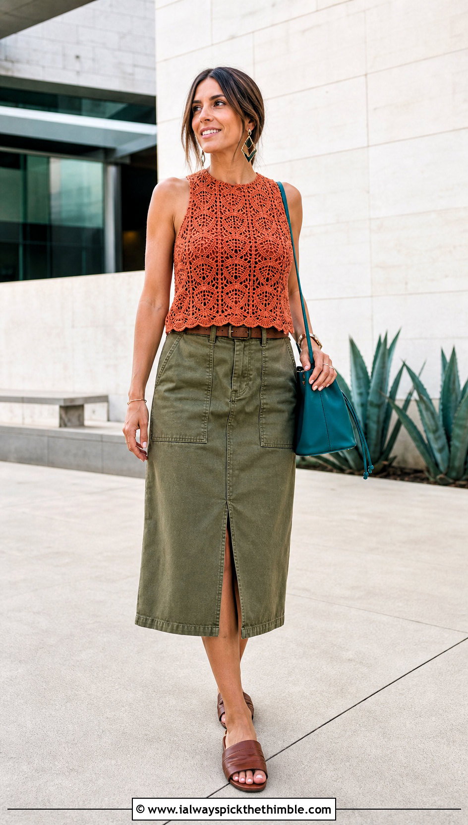 Orange Crochet Shell Top With Utility Skirt - 25 crochet orange top outfit ideas