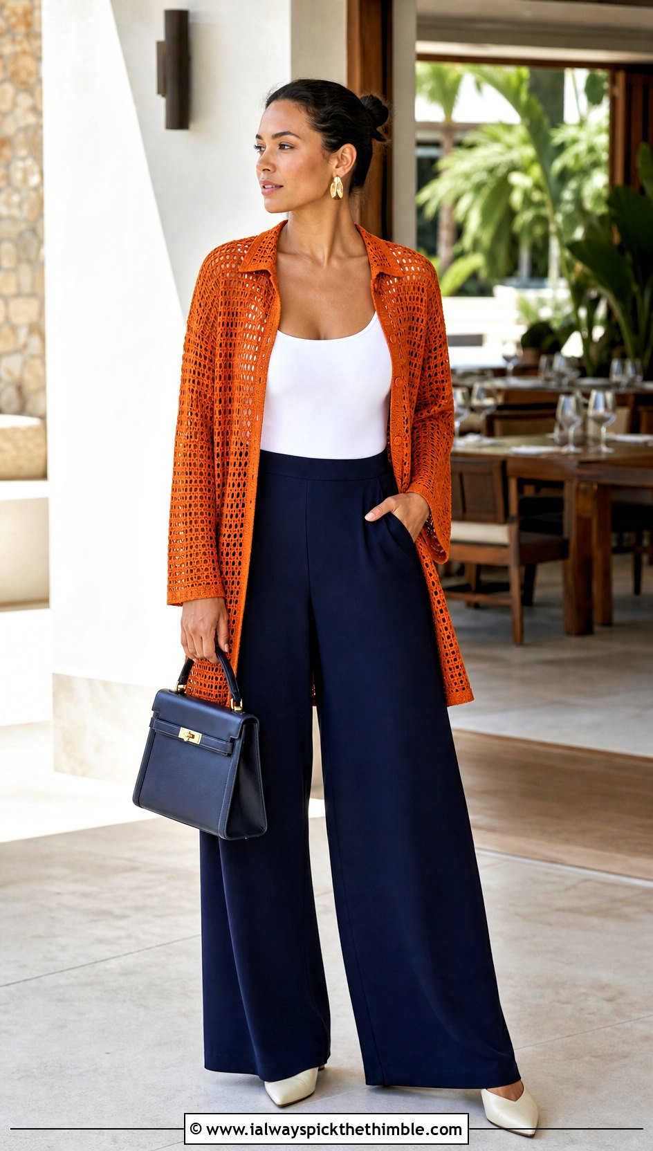 Orange Crochet Shirt Cover Up With Wide Leg Trousers - 20 orange crochet cover up outfit ideas
