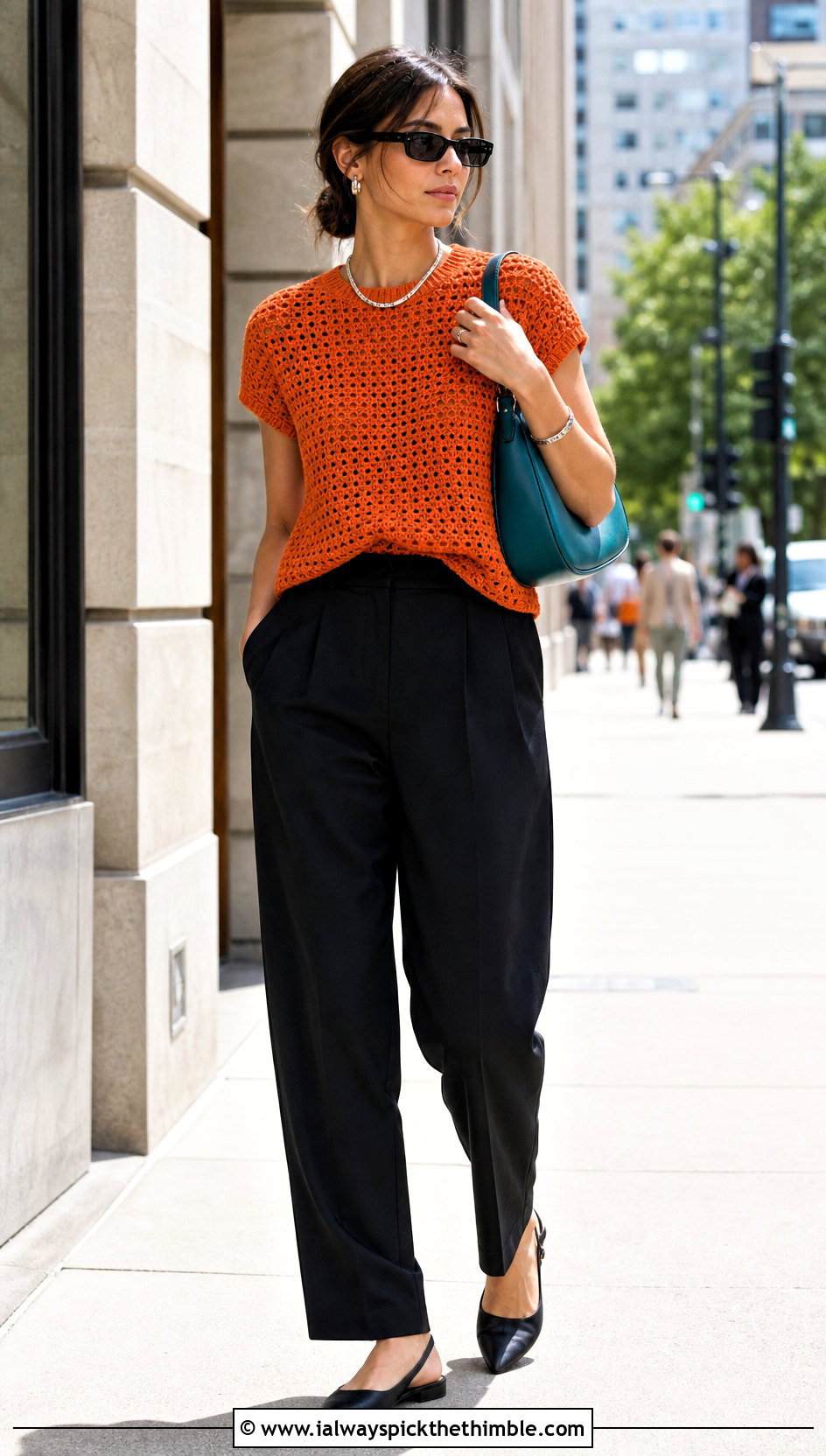 Orange Crochet T Shirt With Black Trousers - 25 crochet orange top outfit ideas