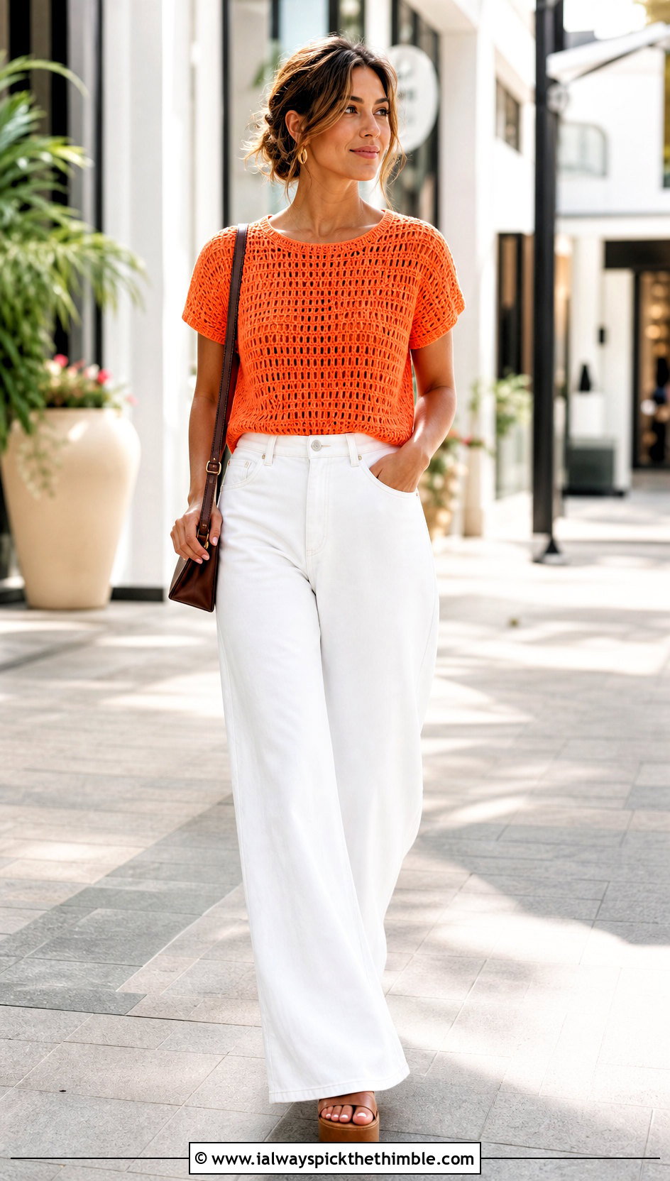 Orange Crochet T Shirt With White Wide Leg Jeans - 15 orange crochet top on hanger outfit ideas