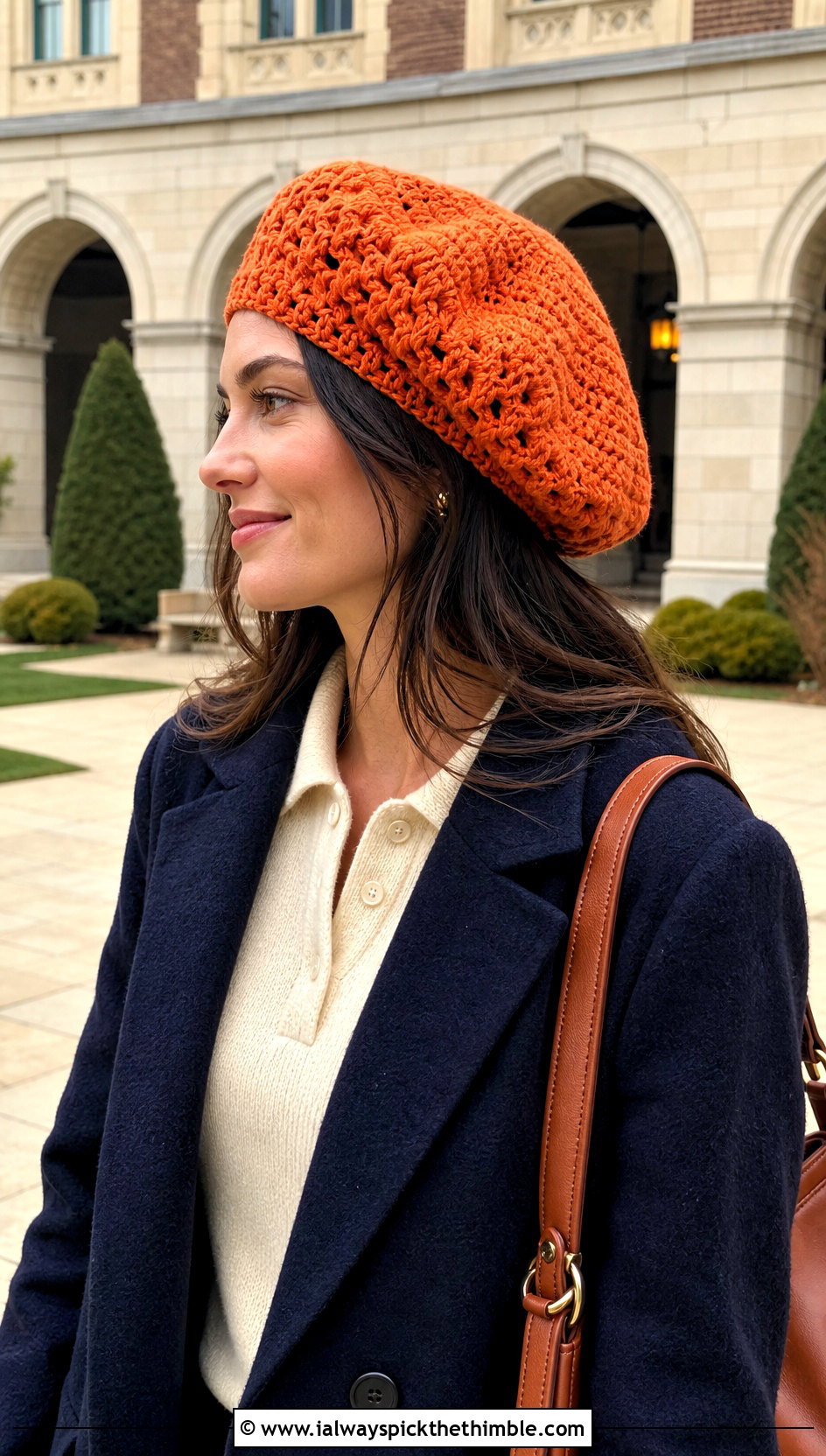 Orange Crochet Tam Hat With Polo Sweater And Wide Leg Jeans - 15 orange crochet hat outfit ideas