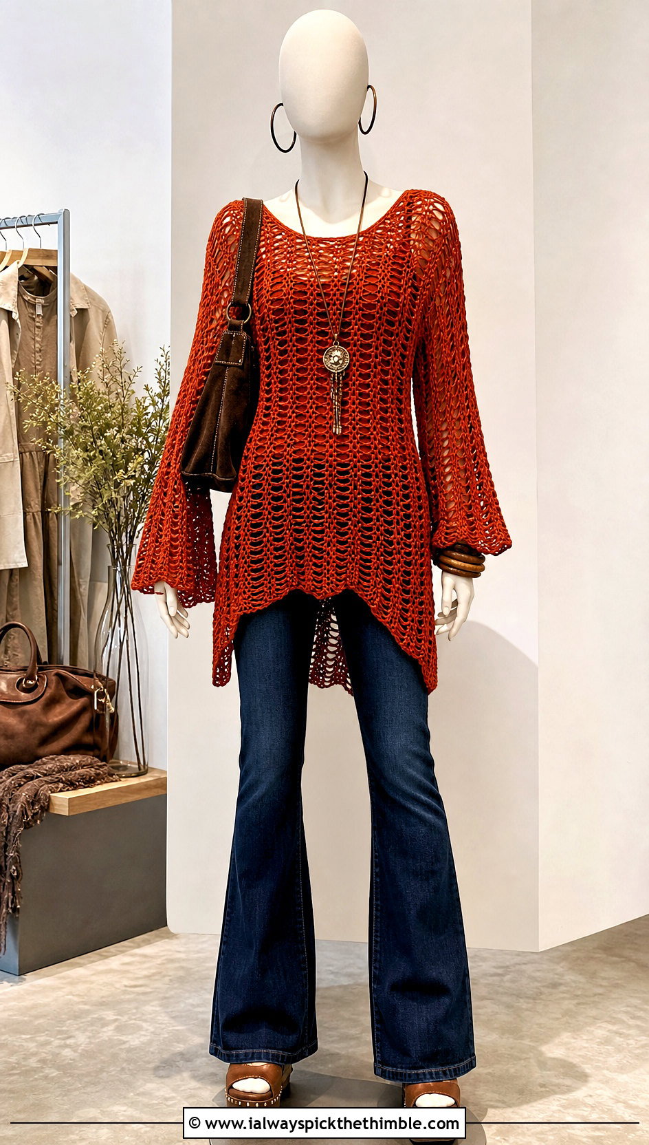 Orange Crochet Tunic Top With Slim Flare Jeans - 15 orange crochet top on mannequin outfit ideas