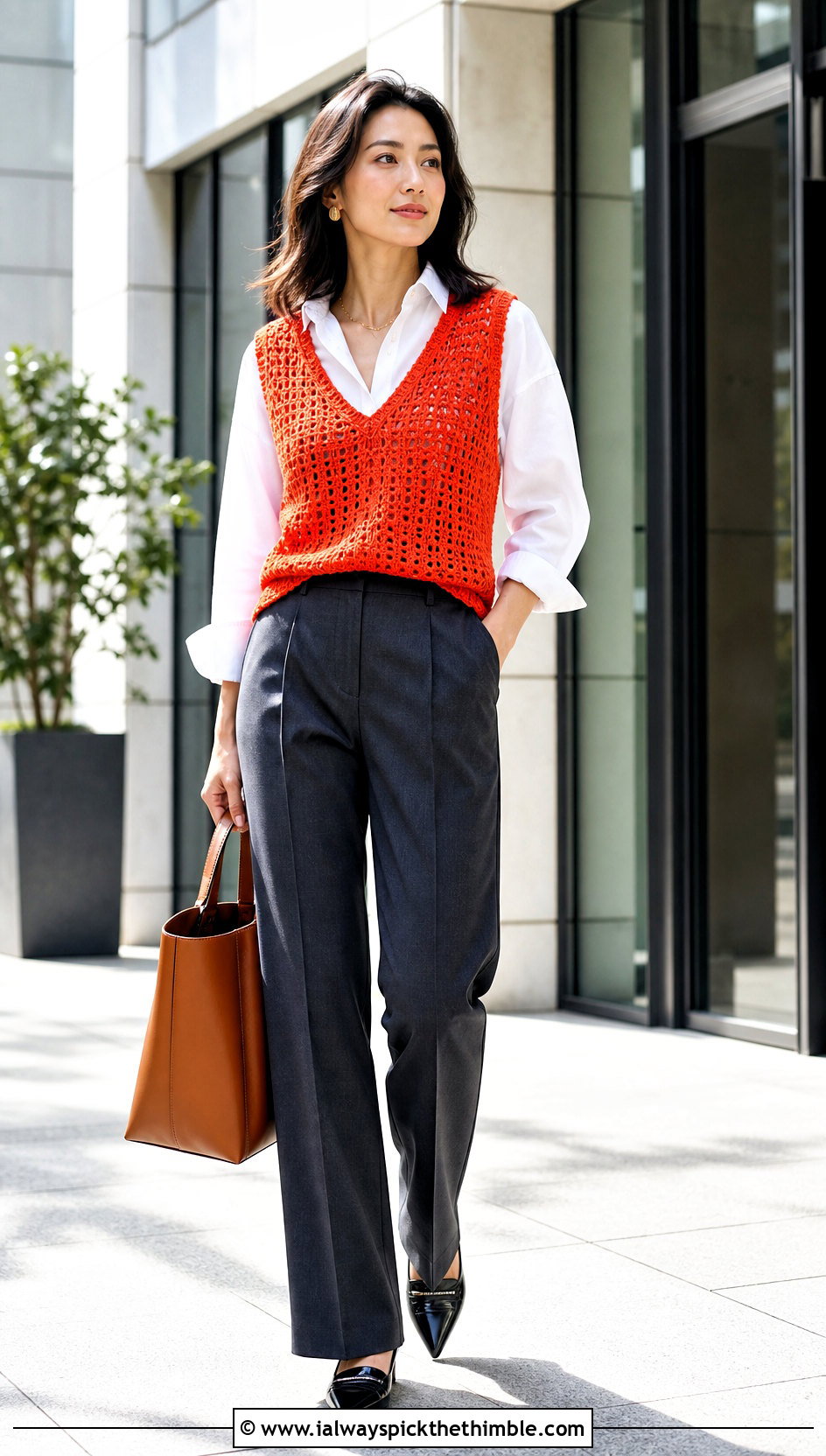 Orange Crochet Vest Top With White Shirt And Trousers - 25 crochet orange top outfit ideas