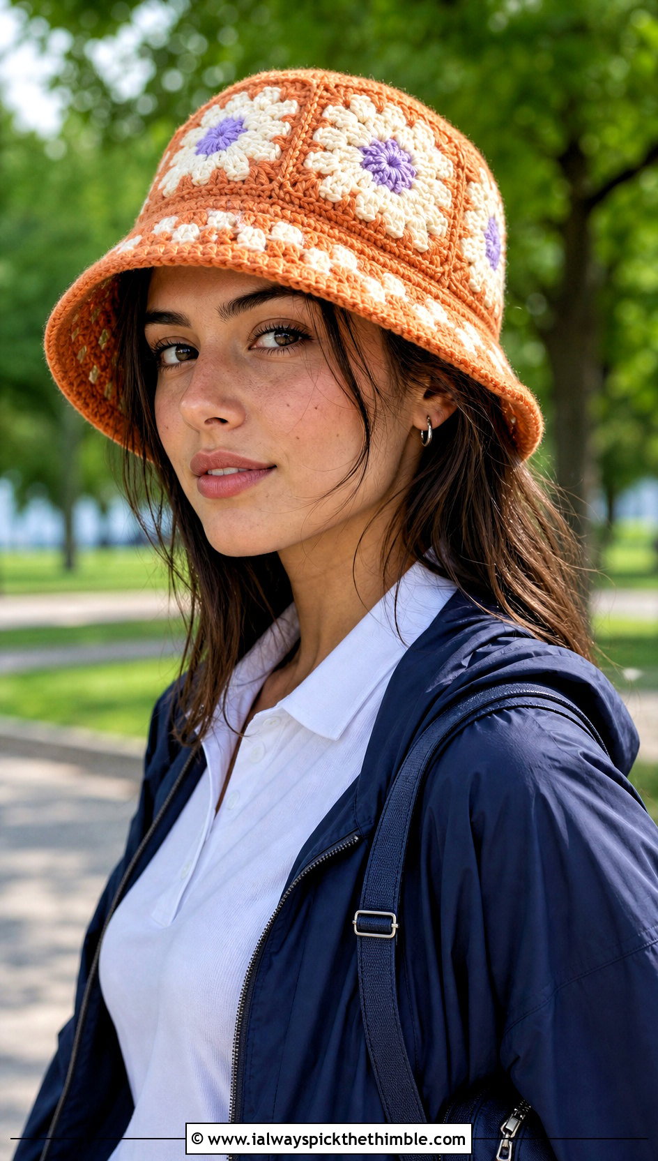 Orange Daisy Granny Square Crochet Bucket Hat With Tennis Skirt - 15 orange crochet bucket hat outfit ideas