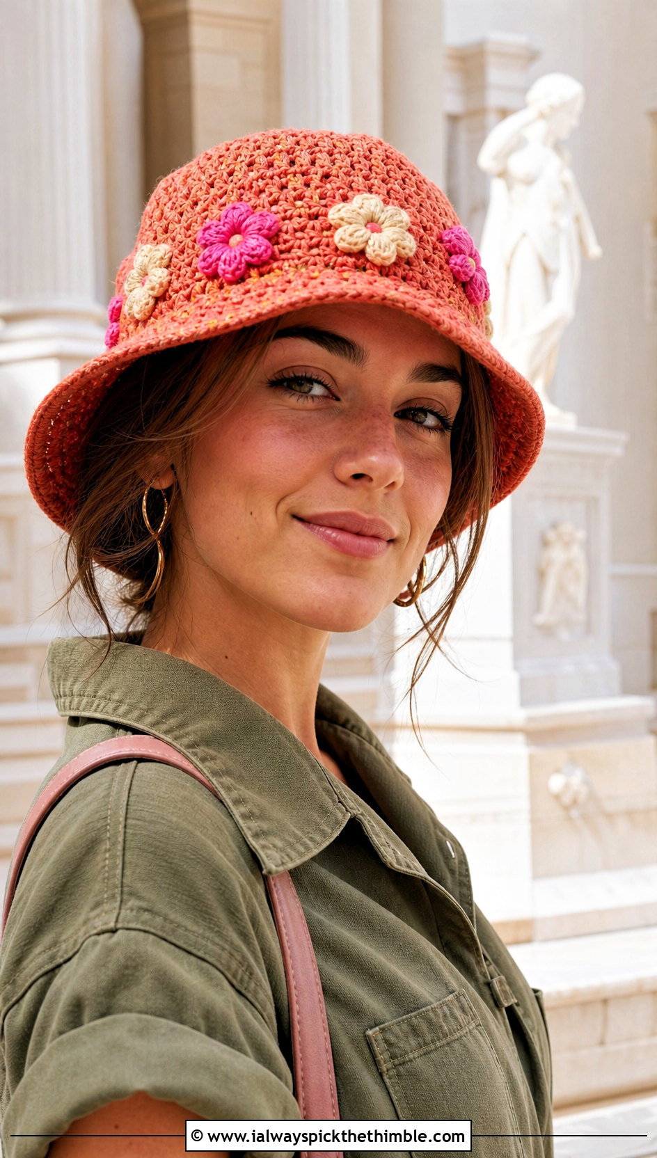Orange Floral Crochet Bucket Hat With Utility Jumpsuit - 15 orange crochet bucket hat outfit ideas