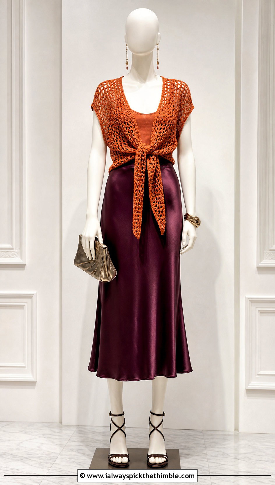 Orange Front Tie Crochet Top With Satin Midi Skirt - 15 orange crochet top on mannequin outfit ideas