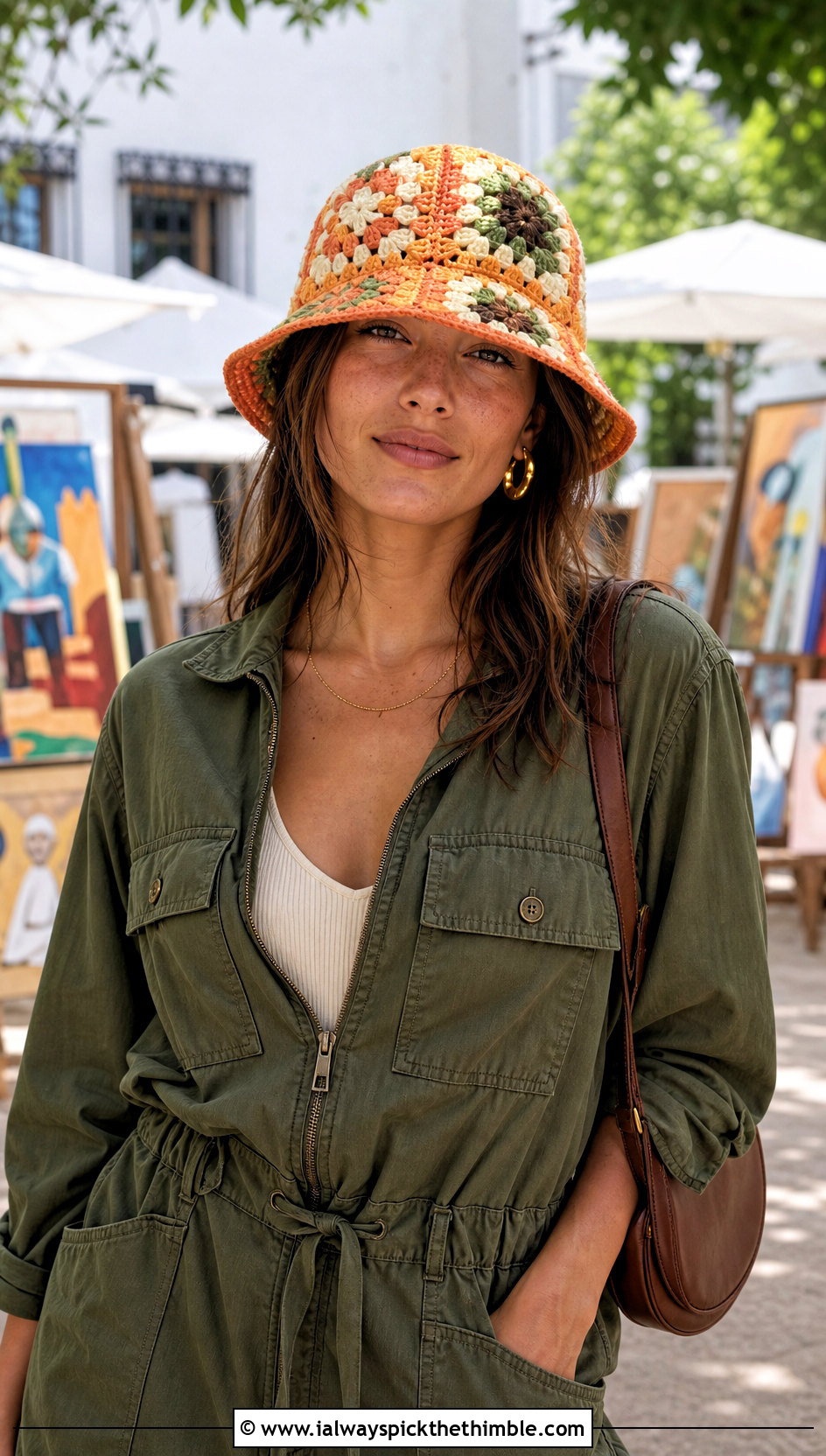 Orange Granny Square Bucket Hat With Utility Jumpsuit - 15 orange crochet hat outfit ideas