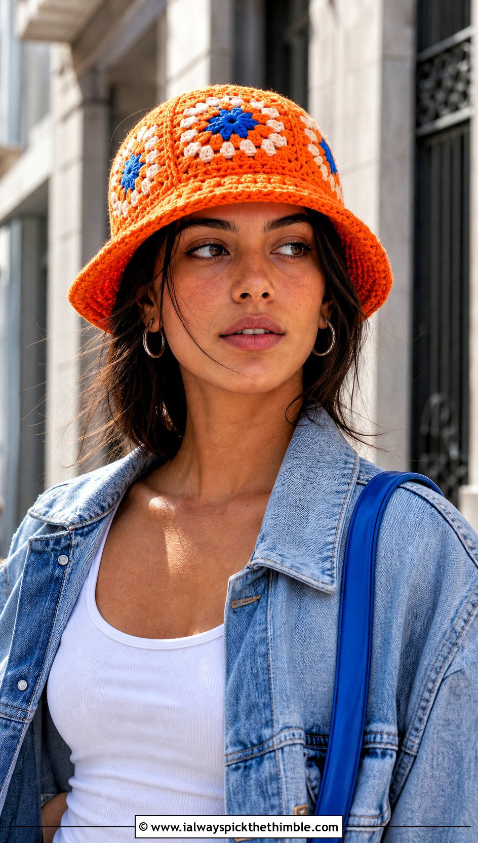 Orange Granny Square Crochet Bucket Hat With Denim Jacket - 15 orange crochet bucket hat outfit ideas