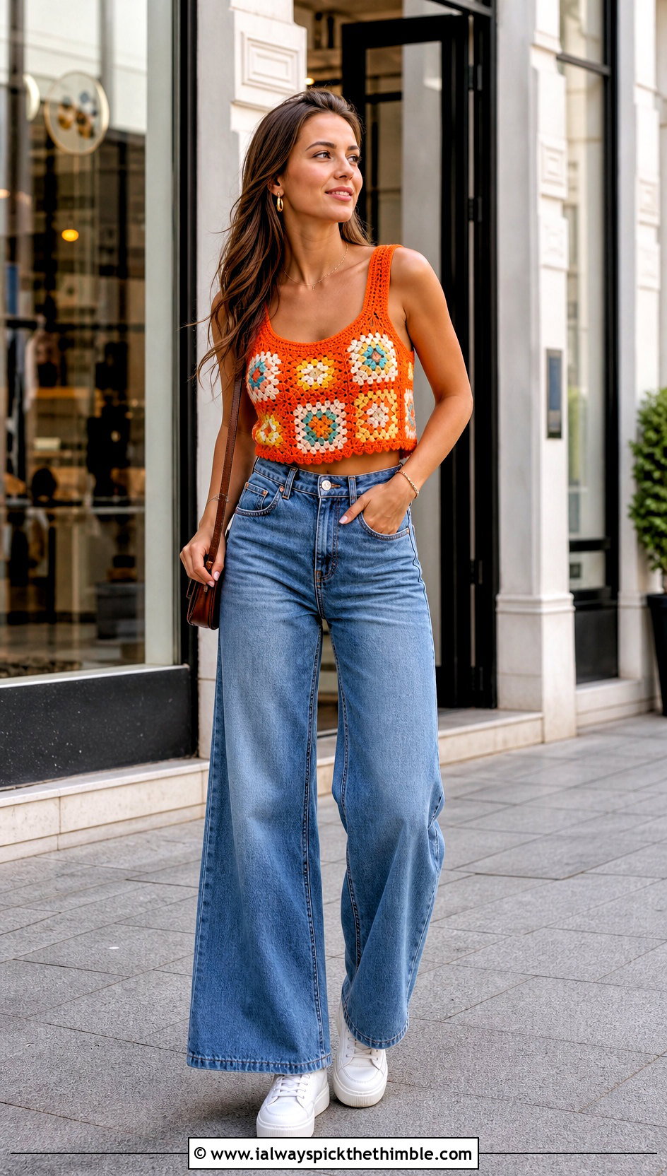 Orange Granny Square Crochet Tank Top With Wide Leg Jeans - 15 orange crochet tank top outfit ideas
