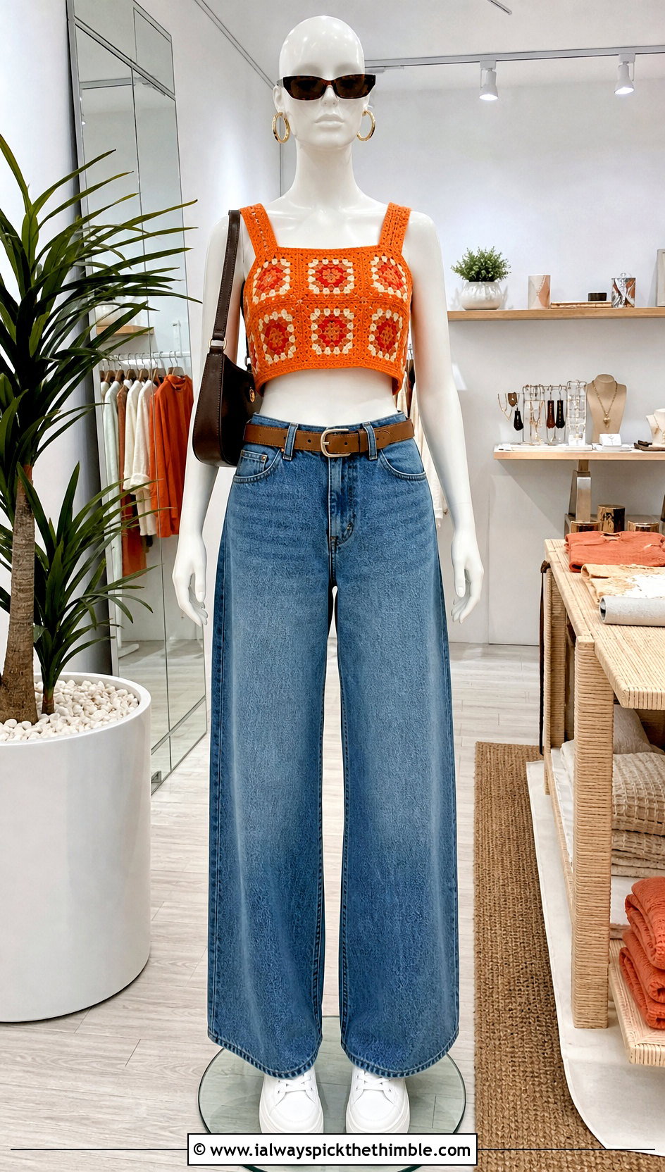 Orange Granny Square Crop Top With Wide Leg Jeans - 15 orange crochet top on mannequin outfit ideas