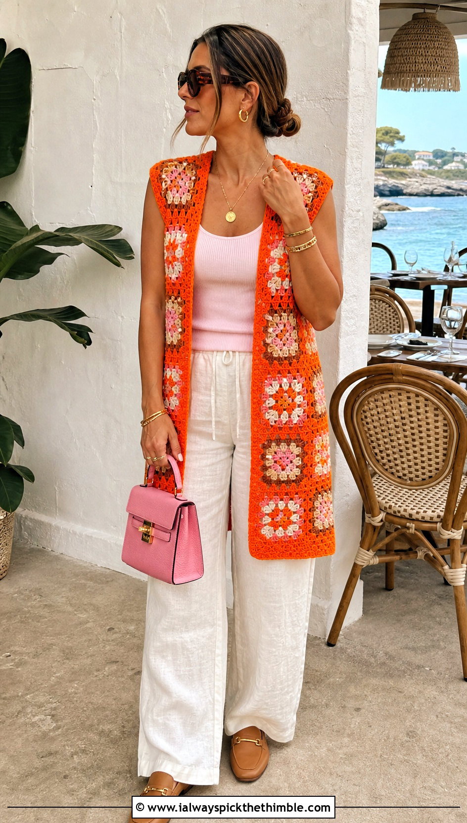 Orange Granny Square Vest Cover Up With Linen Pants - 20 orange crochet cover up outfit ideas