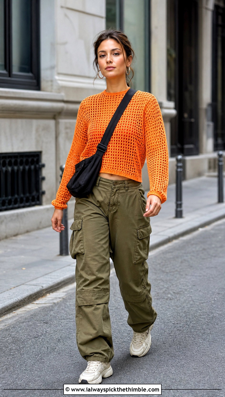Orange Long Sleeve Mesh Crochet Top With Cargo Pants - 15 orange crochet top on hanger outfit ideas