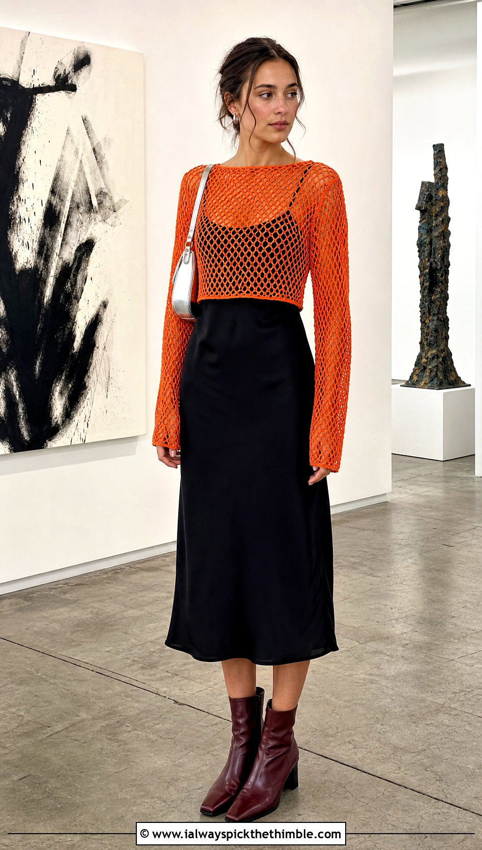 Orange Long Sleeve Mesh Crochet Top With Slip Dress - 25 crochet orange top outfit ideas
