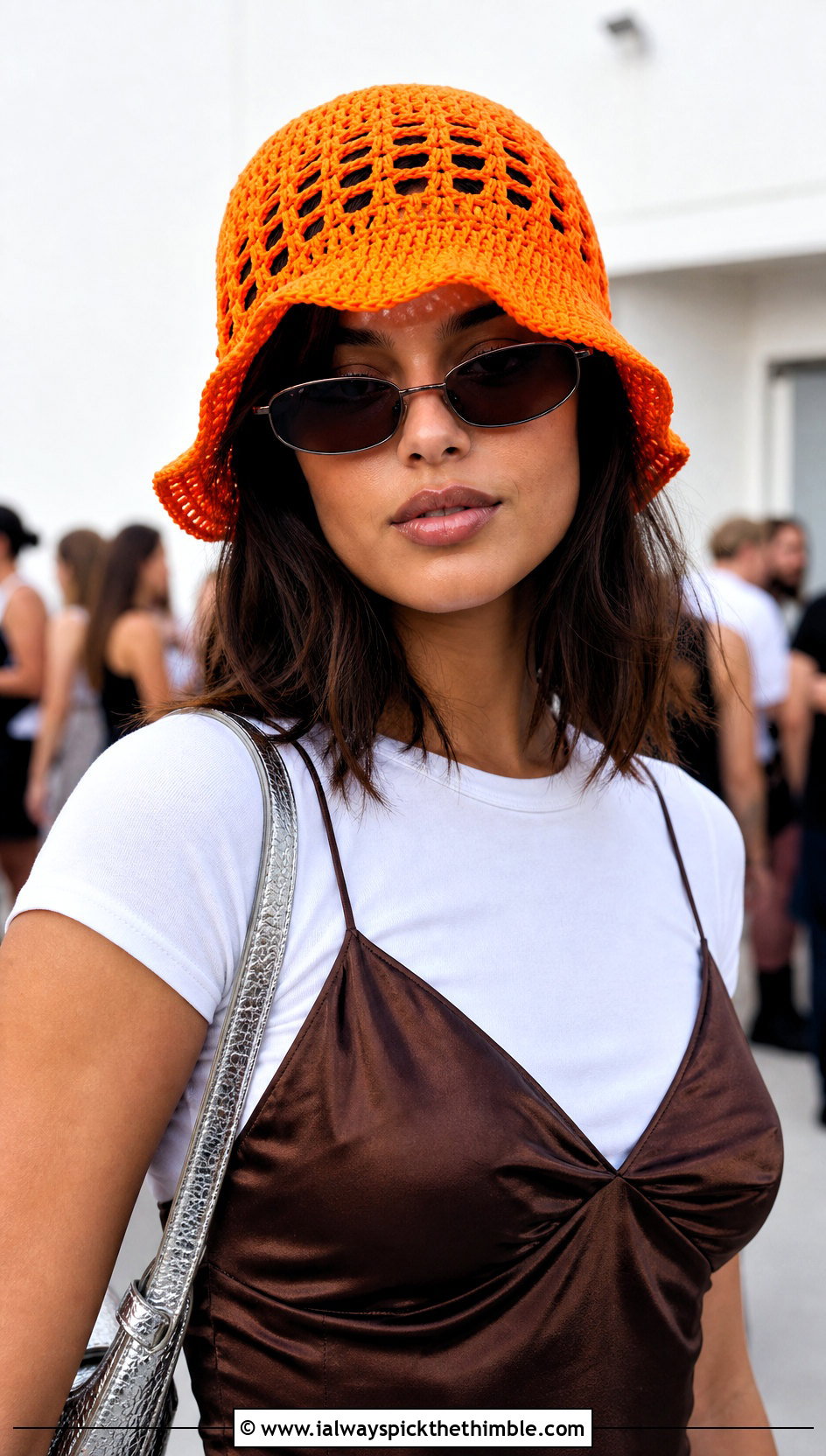 Orange Mesh Crochet Bucket Hat With Slip Dress - 15 orange crochet hat outfit ideas