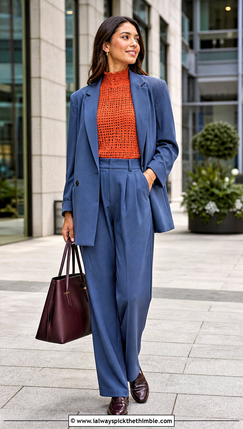Orange Mock Neck Crochet Top With A Relaxed Suit - 25 crochet orange top outfit ideas