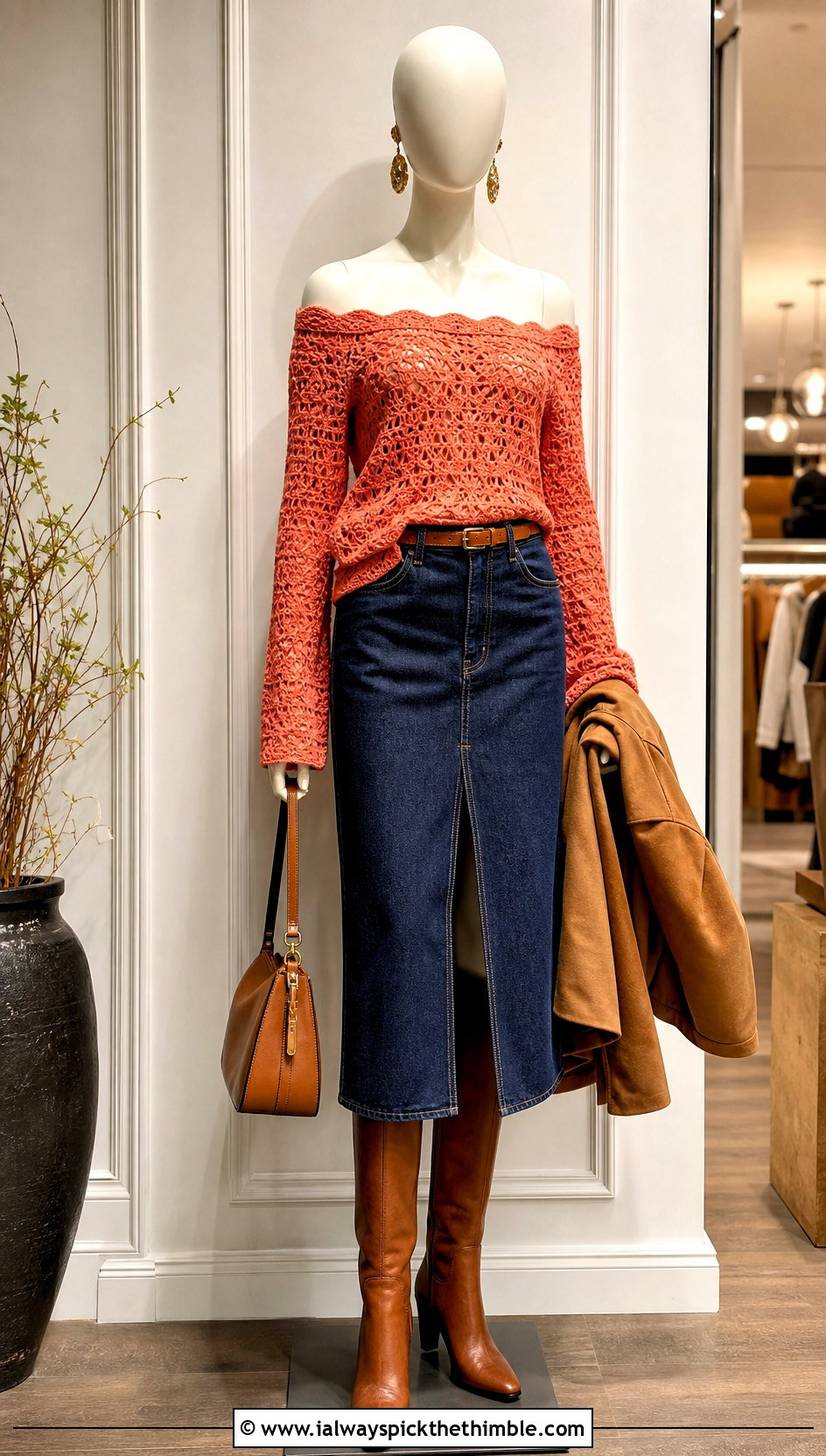 Orange Off Shoulder Crochet Top With Denim Midi Skirt - 15 orange crochet top on mannequin outfit ideas