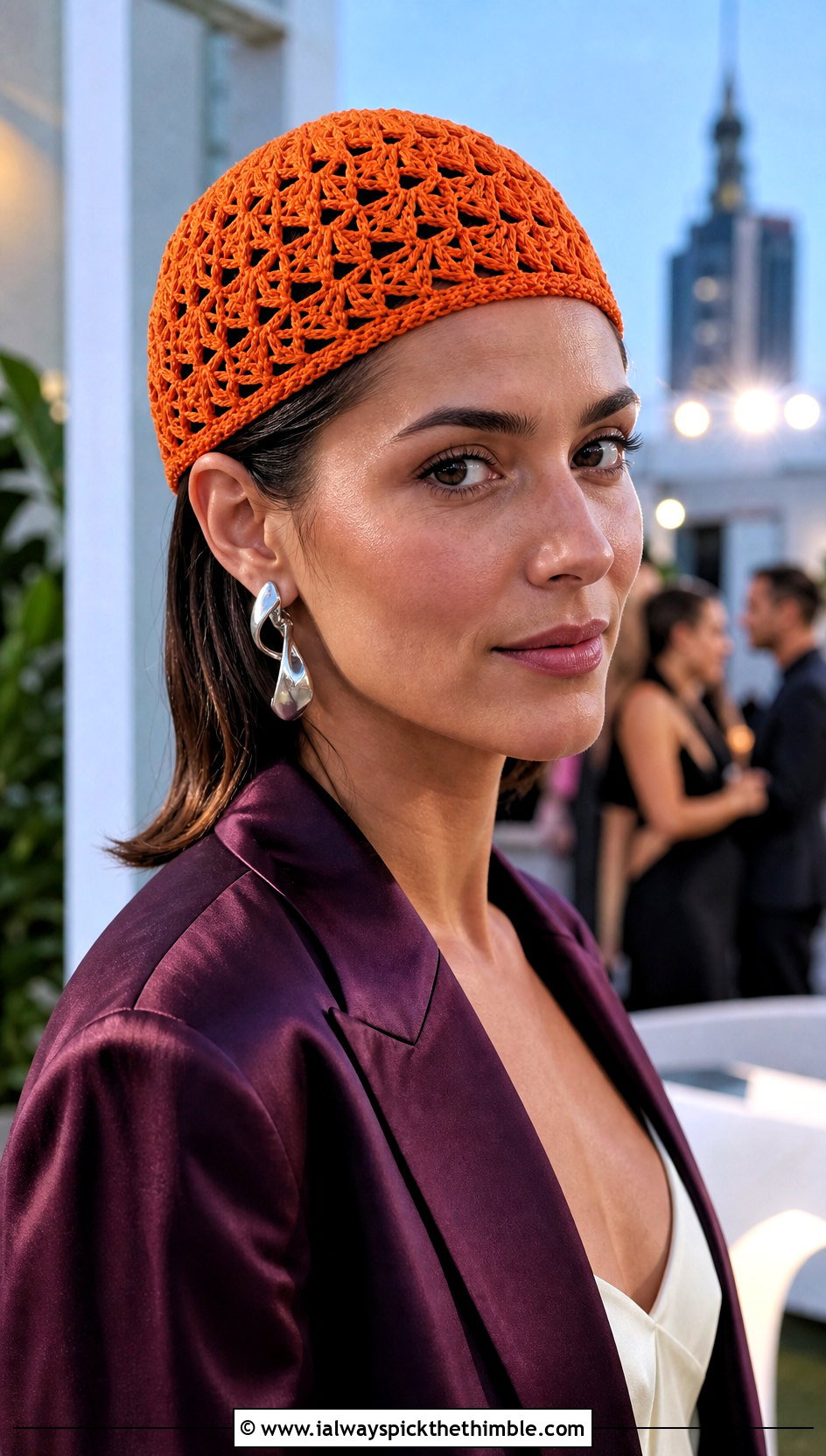Orange Openwork Crochet Cap With Satin Suit - 15 orange crochet hat outfit ideas