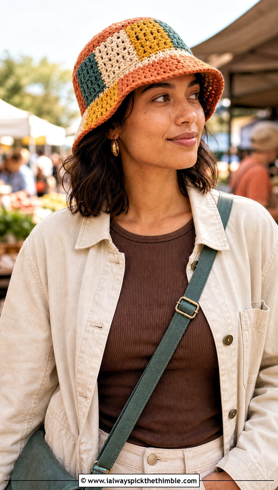 Orange Patchwork Crochet Bucket Hat With Corduroy Pants - 15 orange crochet bucket hat outfit ideas