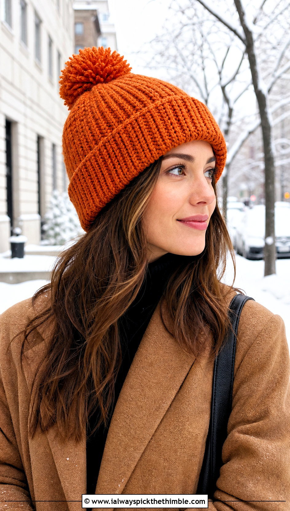 Orange Pom Pom Crochet Beanie With Wool Coat And Jeans - 15 orange crochet hat outfit ideas