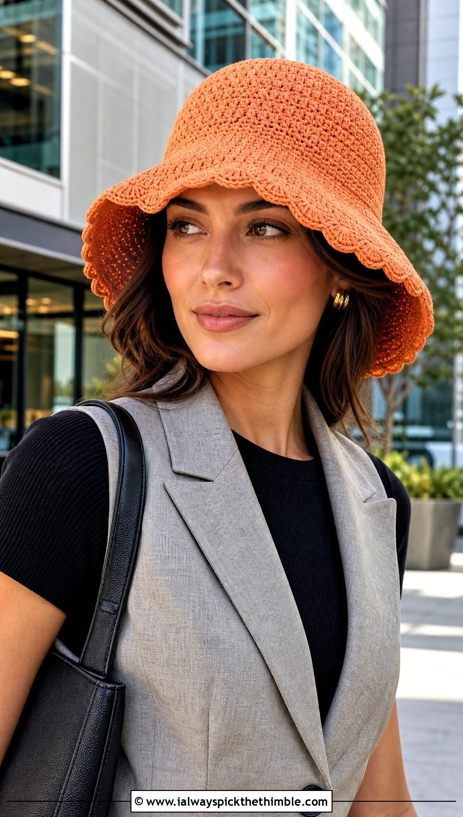 Orange Scalloped Brim Crochet Bucket Hat With Tailored Trousers - 15 orange crochet bucket hat outfit ideas