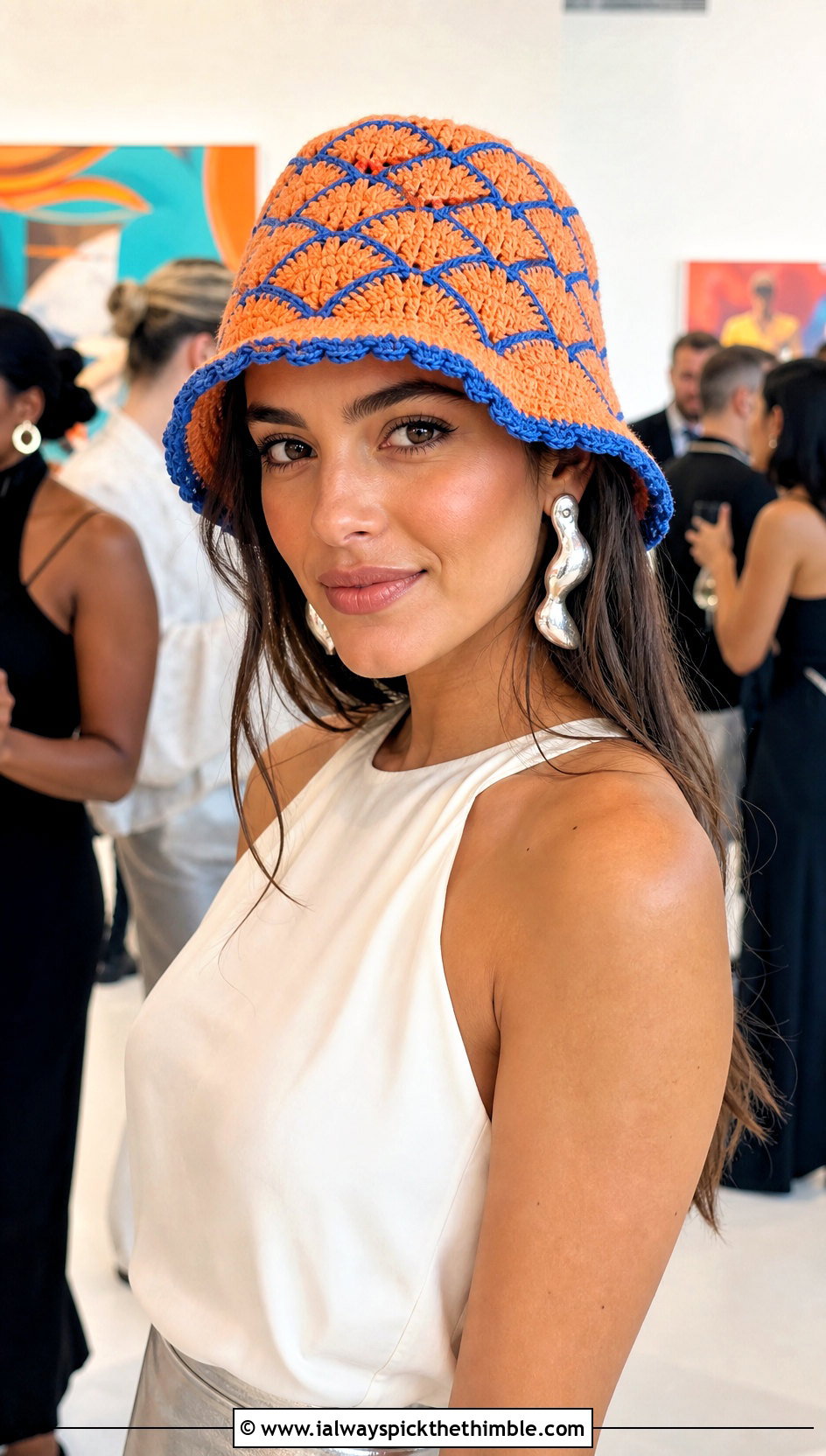 Orange Shell Stitch Crochet Bucket Hat With Metallic Skirt - 15 orange crochet bucket hat outfit ideas