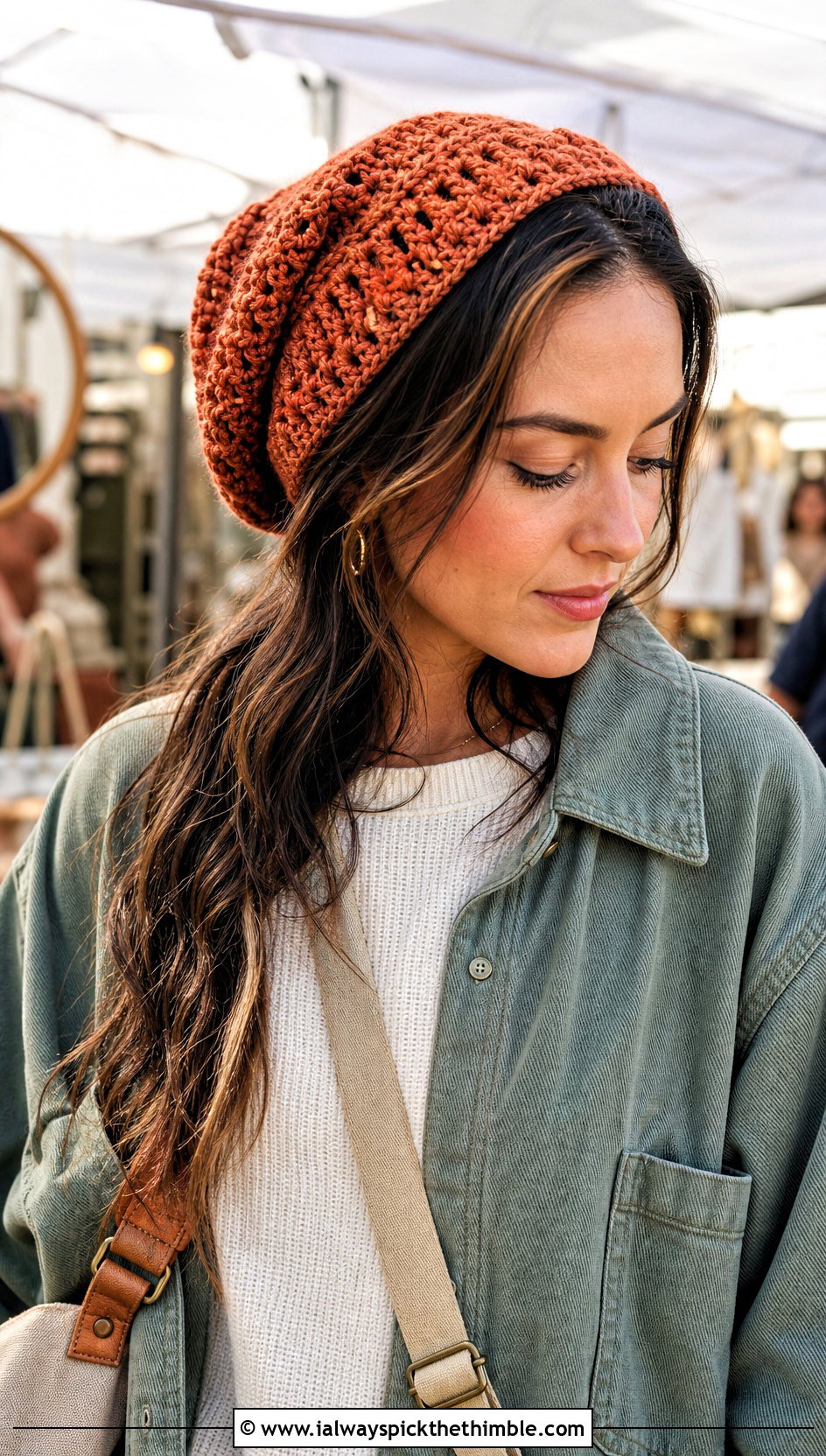 Orange Slouchy Crochet Beanie With Shacket And Work Pants - 15 orange crochet hat outfit ideas