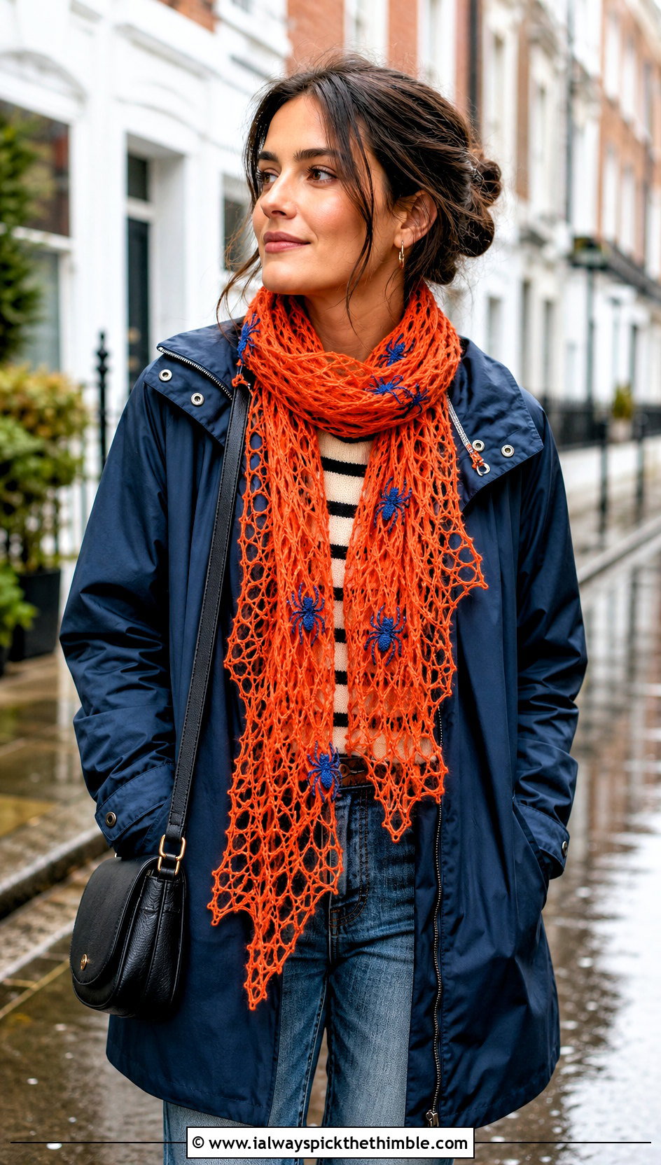 Orange Spider Mesh Halloween Scarf With Raincoat - 20 crochet halloween scarf outfit ideas