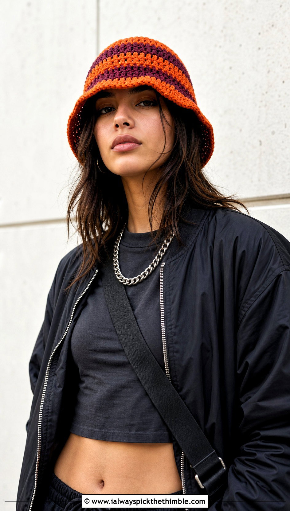Orange Striped Crochet Bucket Hat With Black Cargo Pants - 15 orange crochet bucket hat outfit ideas