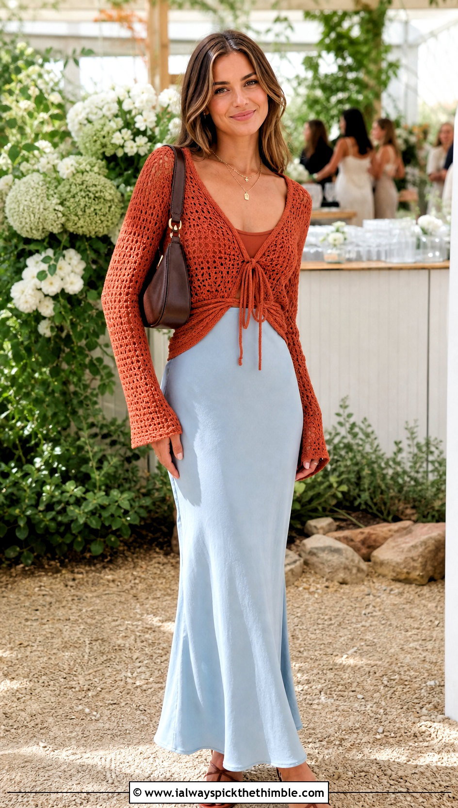 Orange Tie Front Crochet Top With Bias Cut Maxi Skirt - 25 crochet orange top outfit ideas